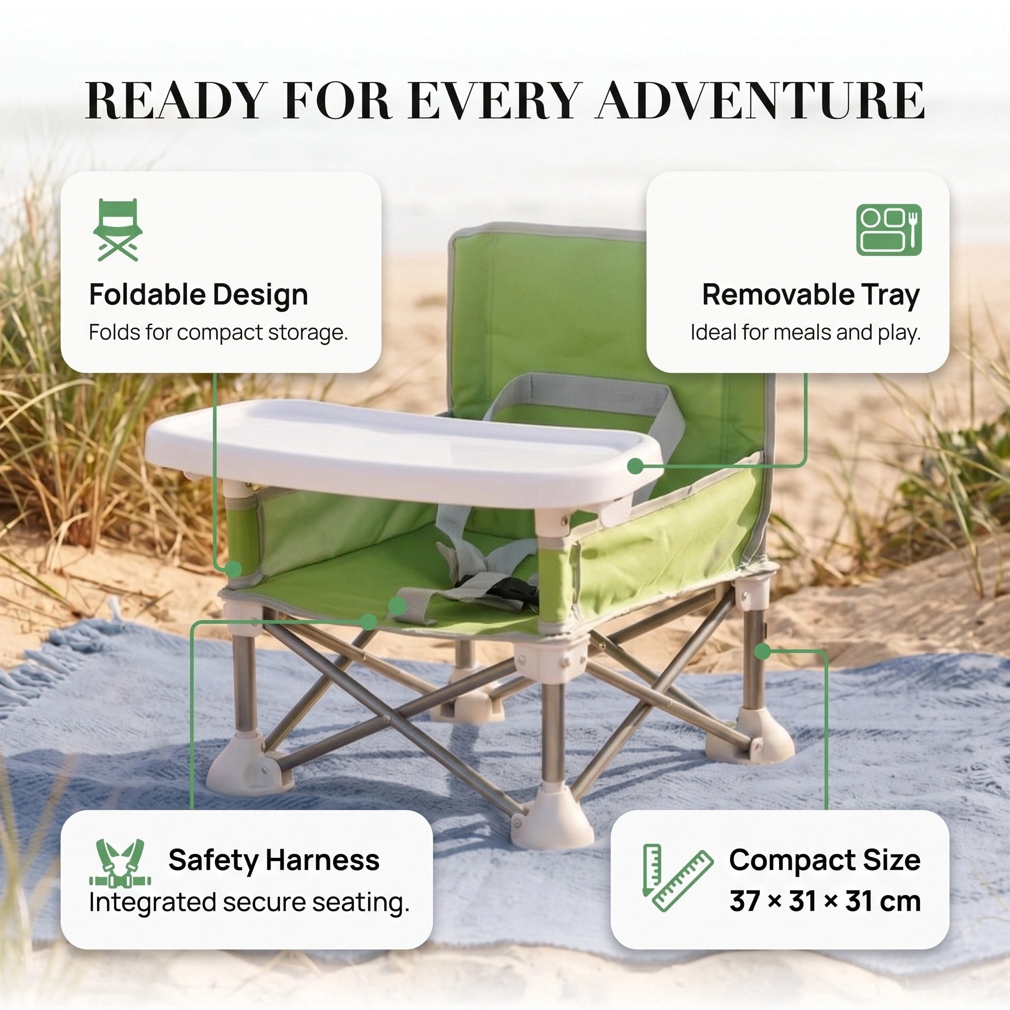 Foldable Baby Camping Chair with Removable Tray and Safety Harness for Travel