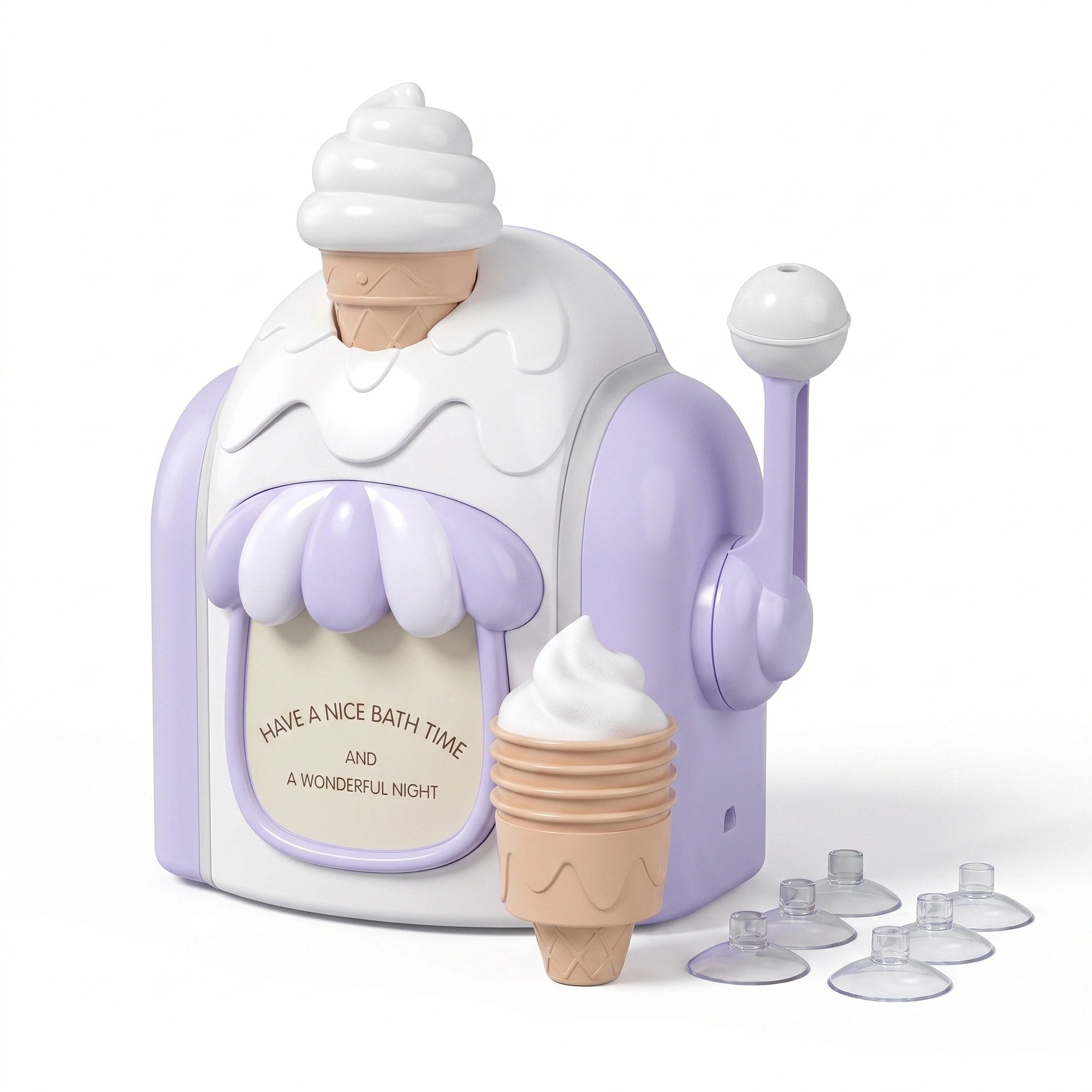 Jouet de bain à bulles avec mousseur, gobelet en forme de cornet et fixation par ventouse