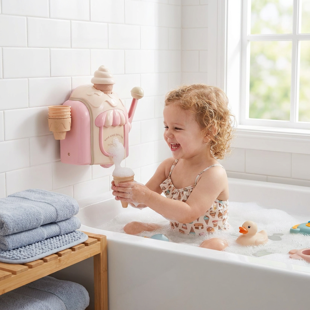 Jouet de bain à bulles avec mousseur, gobelet en forme de cornet et fixation par ventouse
