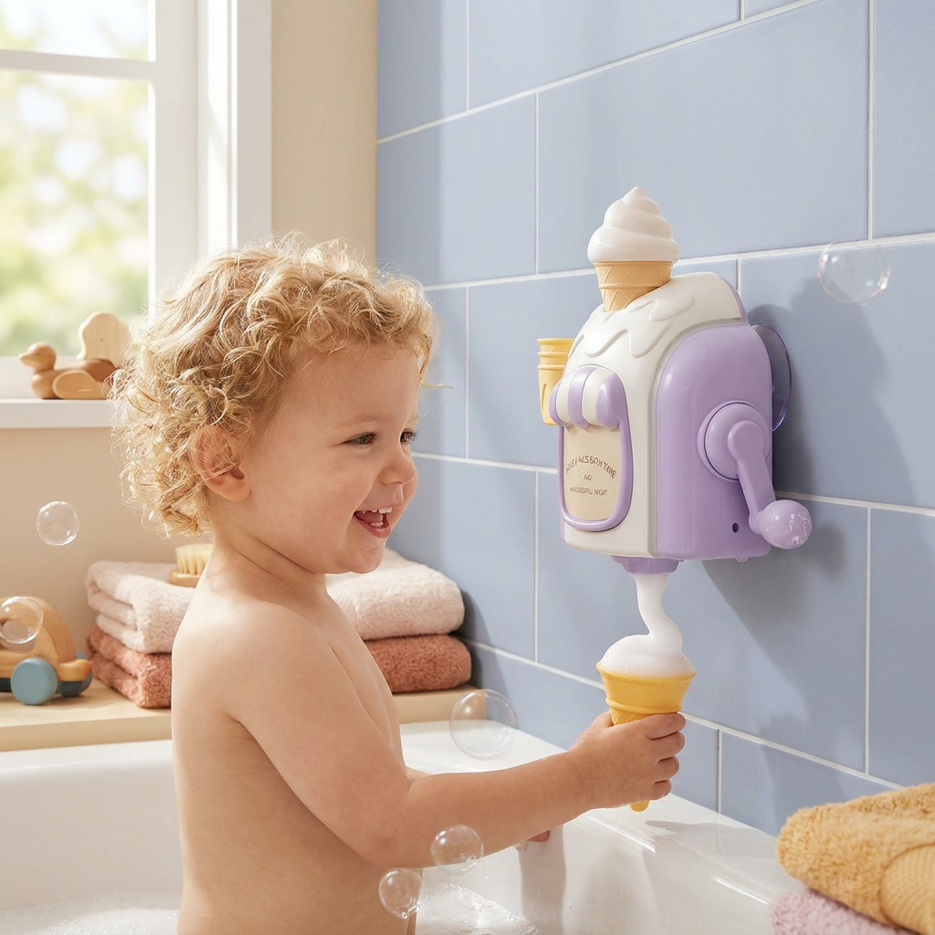 Jouet de bain à bulles avec mousseur, gobelet en forme de cornet et fixation par ventouse