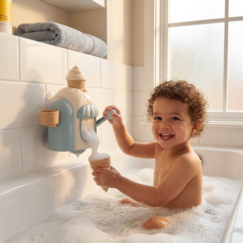 Jouet de bain à bulles avec mousseur, gobelet en forme de cornet et fixation par ventouse