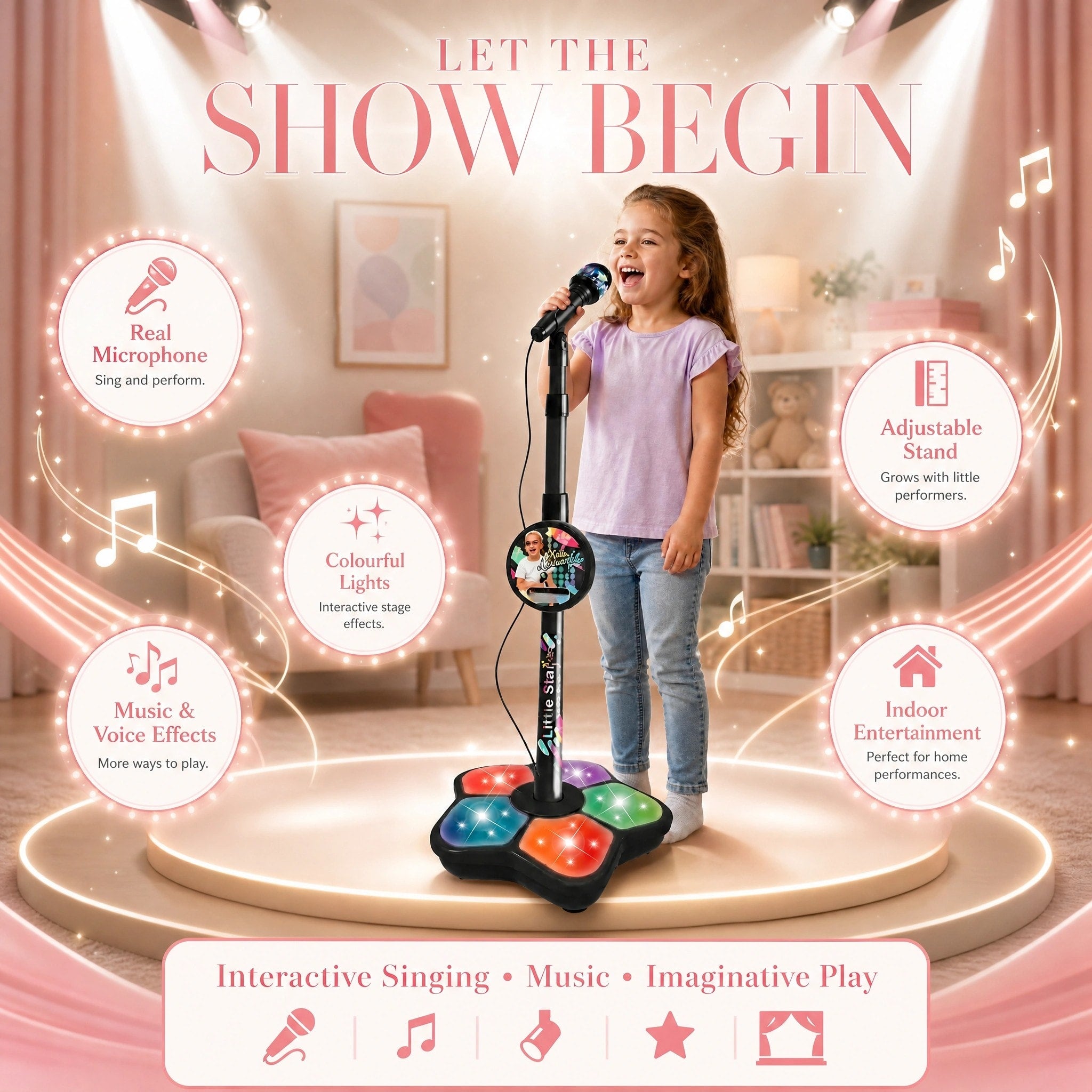 Kids Karaoke Machine with Microphone, Lights and Adjustable Stand