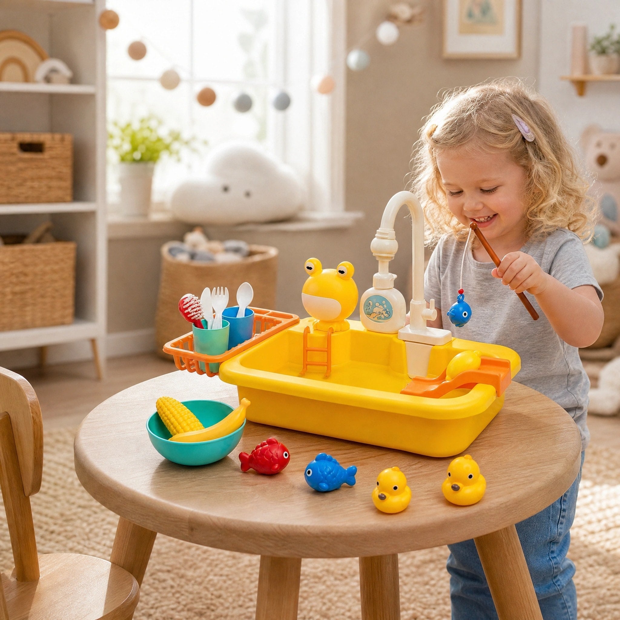 Ensemble d'évier de cuisine pour enfants avec eau courante, jeu de pêche et accessoires de jeu d'imitation