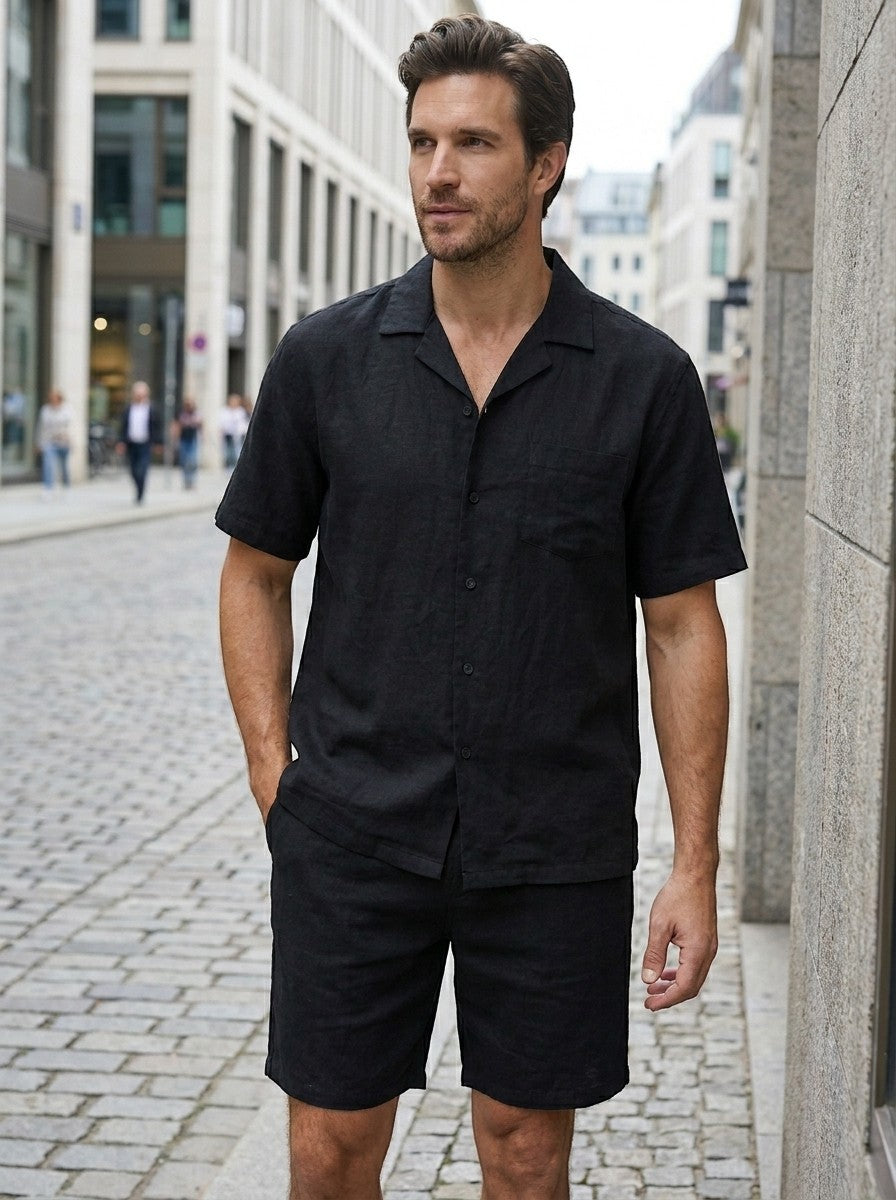 Mens Crinkle Fabric Pajama Set | Relaxed Camp Collar Shirt and Shorts for Spring/Summer 1