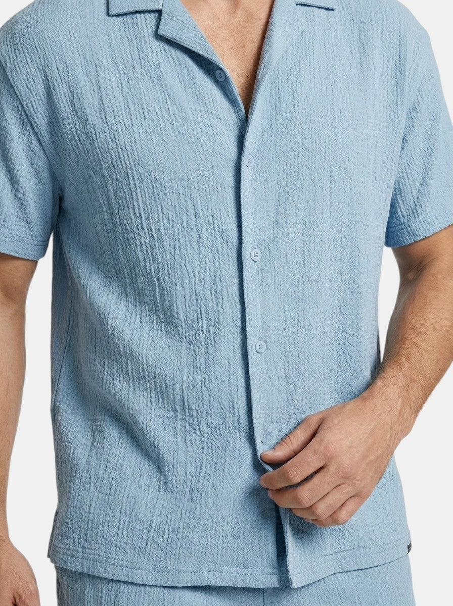 Mens Crinkle Fabric Pajama Set | Relaxed Camp Collar Shirt and Shorts for Spring/Summer 8