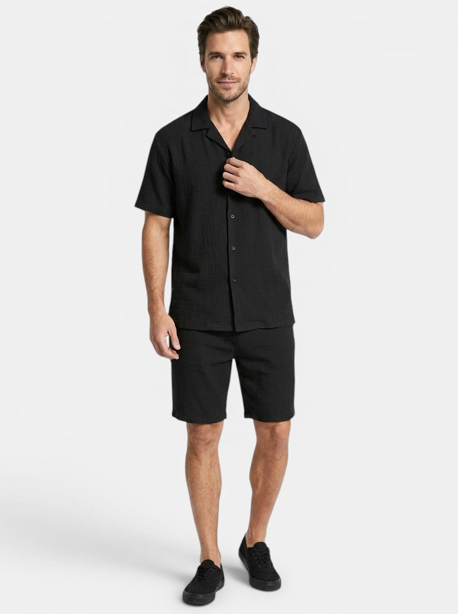 Mens Crinkle Fabric Pajama Set | Relaxed Camp Collar Shirt and Shorts for Spring/Summer 5