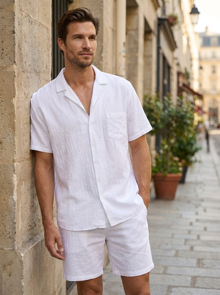 Mens Lightweight Woven Summer Set | Relaxed Fit Short Sleeve Shirt and Drawstring Shorts 2