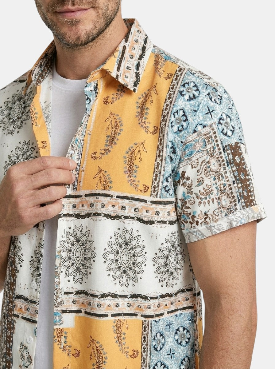 Mens Printed Cotton Summer Set | Casual Short Sleeve Shirt & Drawstring Shorts 3