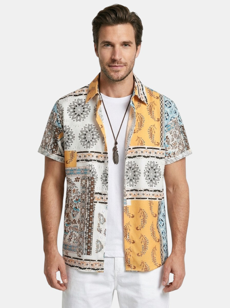 Mens Printed Cotton Summer Set | Casual Short Sleeve Shirt & Drawstring Shorts 2