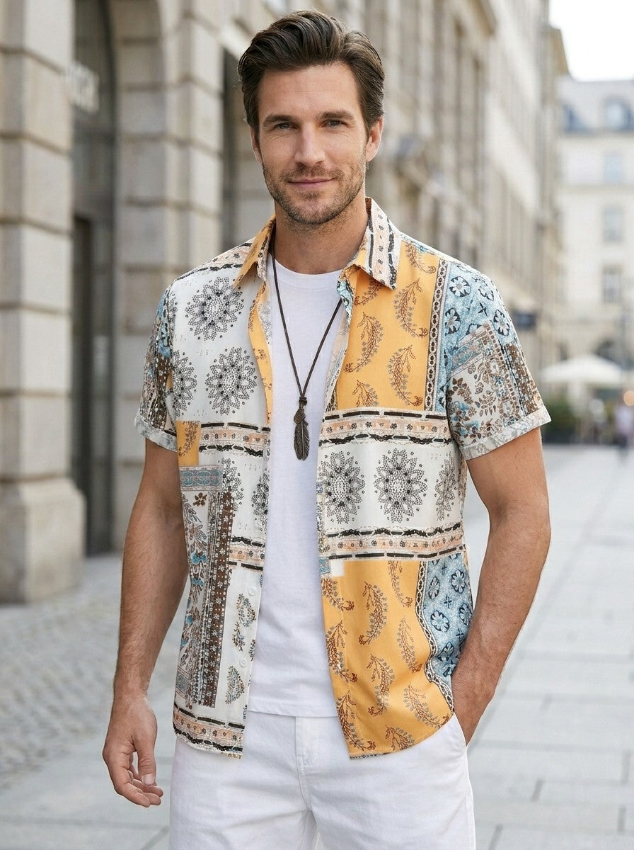 Mens Printed Cotton Summer Set | Casual Short Sleeve Shirt & Drawstring Shorts 1