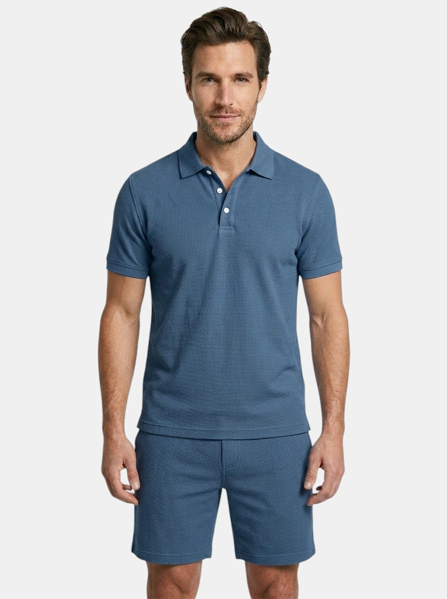 Mens Textured Cotton Polo Shirt Set | Casual Short Sleeve Summer Outfit 13