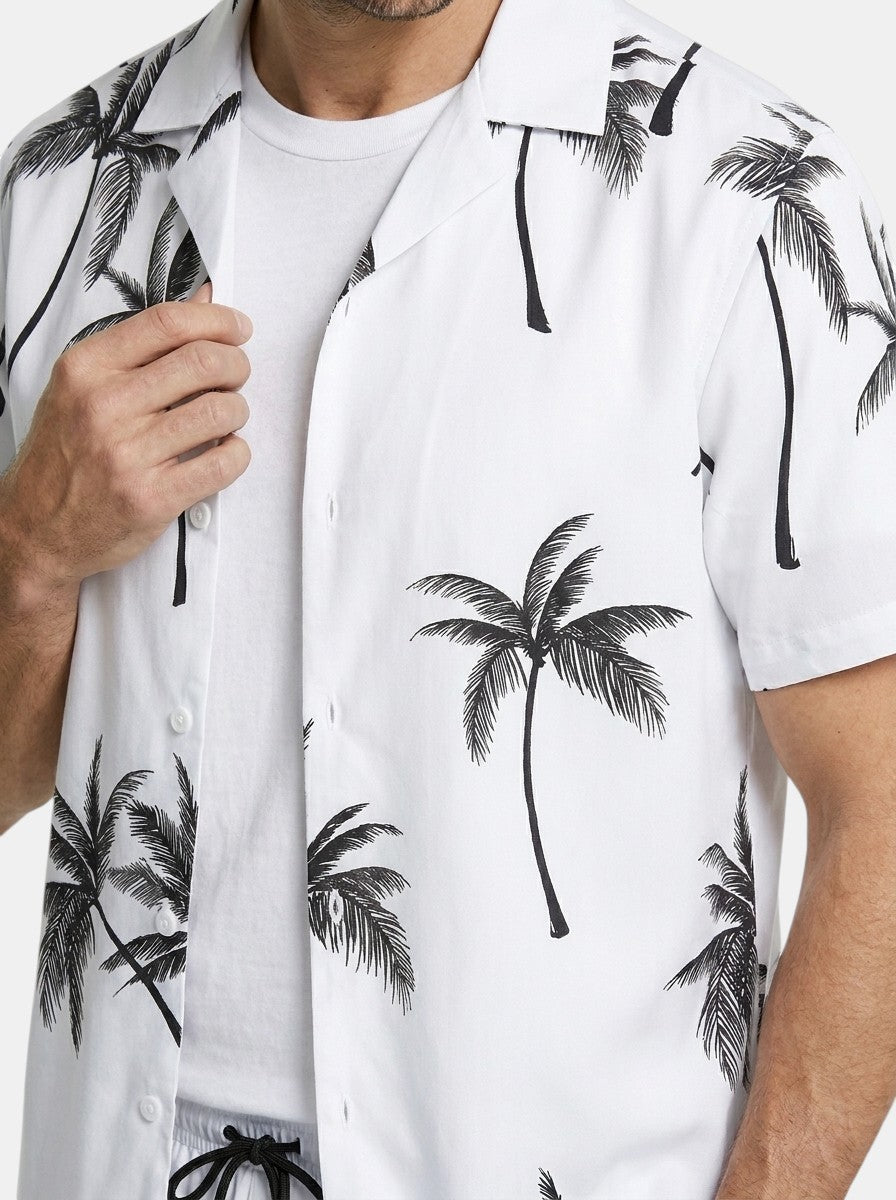 Mens Tropical Palm Print Two-Piece Summer Set | Casual Short Sleeve Shirt and Drawstring Shorts 6