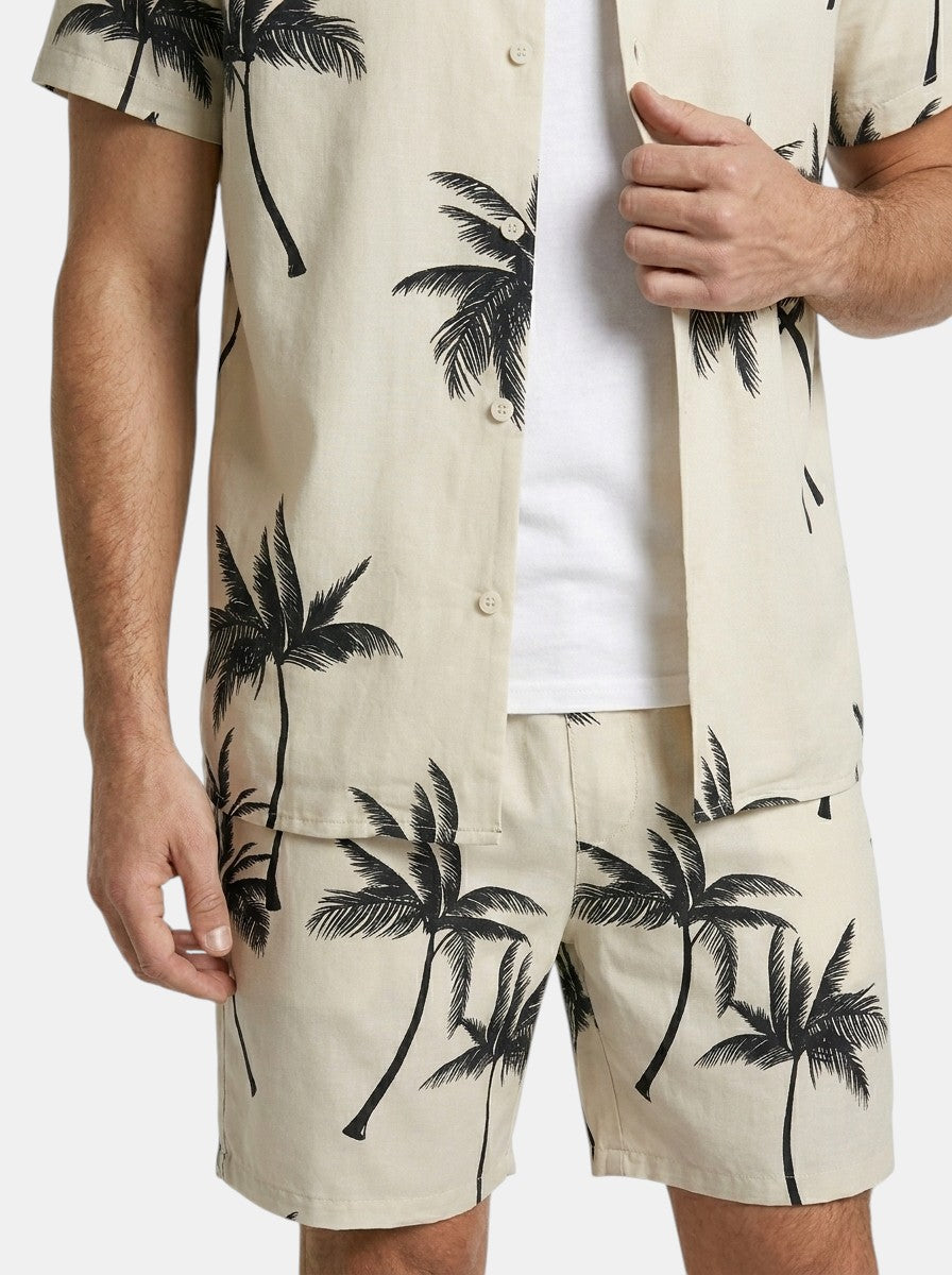 Mens Tropical Palm Print Two-Piece Summer Set | Casual Short Sleeve Shirt and Drawstring Shorts 4