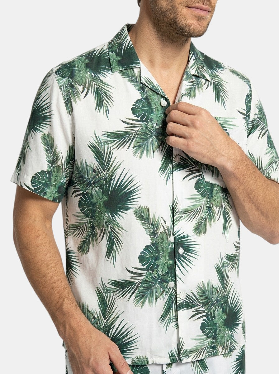 Mens Tropical Palm Print Two-Piece Summer Set | Casual Short Sleeve Shirt and Drawstring Shorts 14