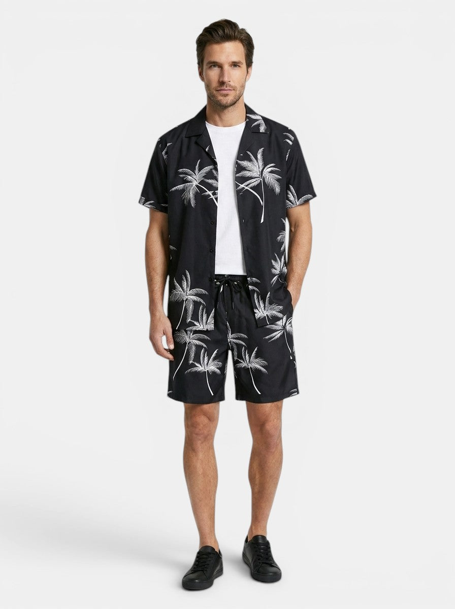 Mens Tropical Palm Print Two-Piece Summer Set | Casual Short Sleeve Shirt and Drawstring Shorts 7