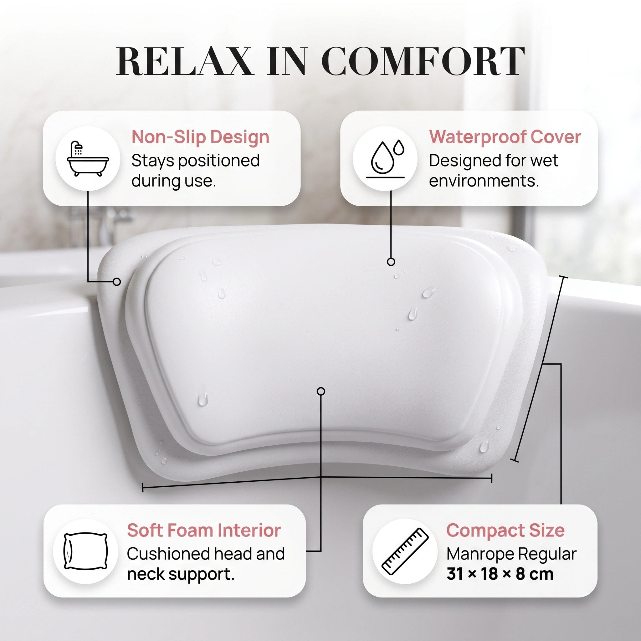 Non-Slip Bath Pillow with Waterproof Cover for Bathtub, Spa and Hot Tub