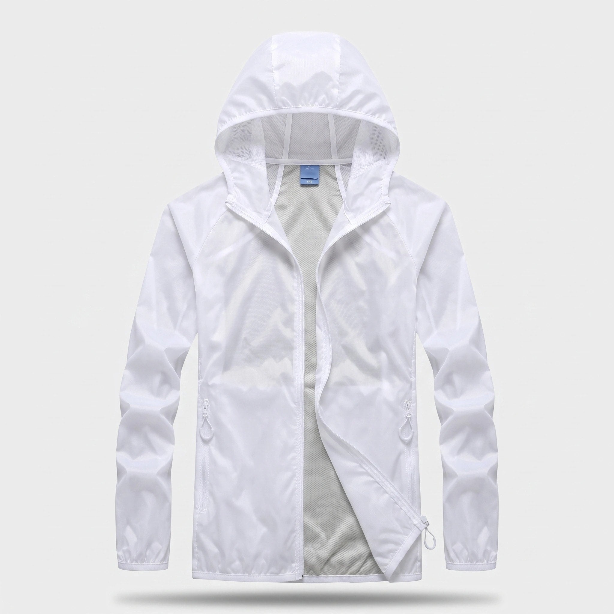 Veste pliable avec protection UV, capuche, tissu à séchage rapide et poches zippées