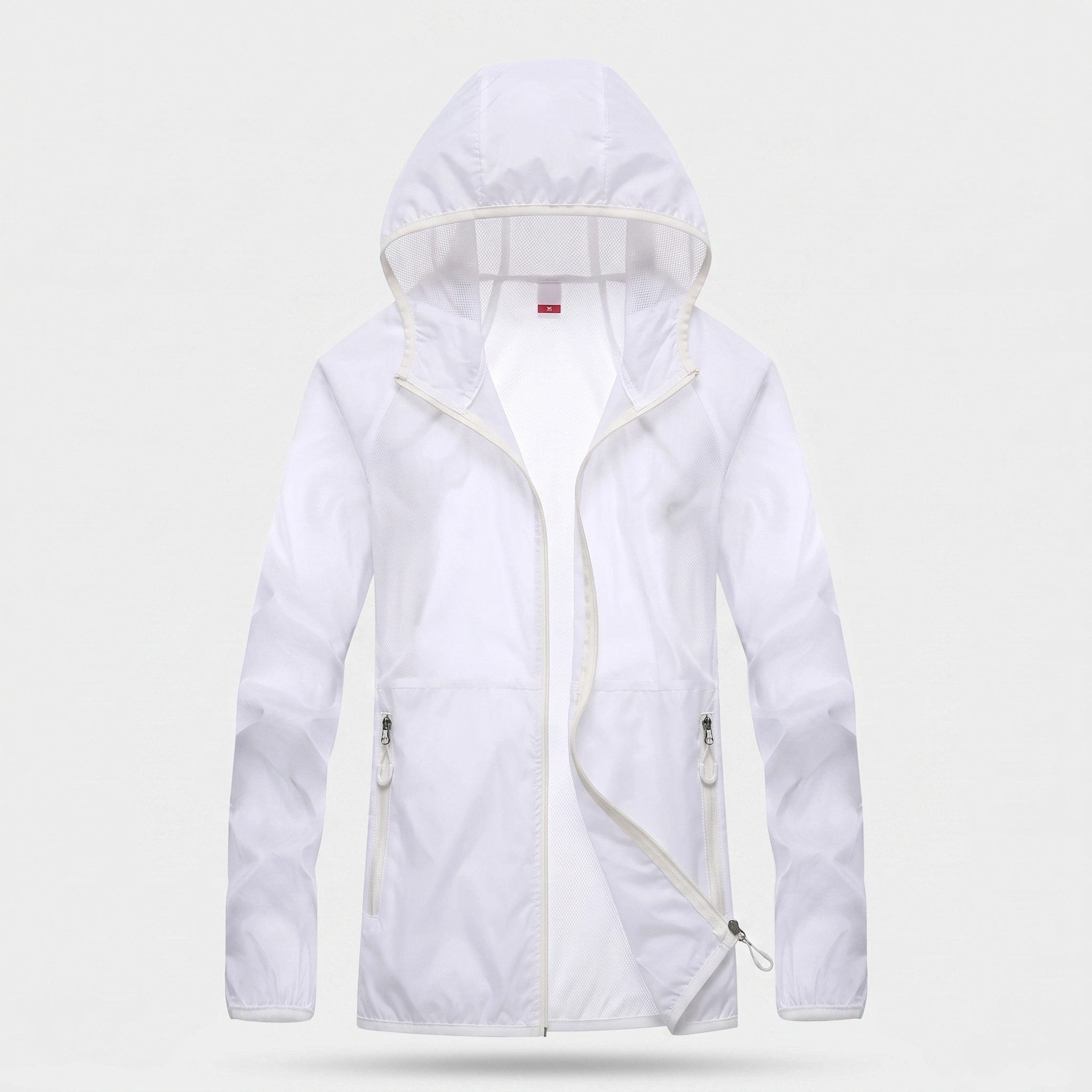 Veste pliable avec protection UV, capuche, tissu à séchage rapide et poches zippées