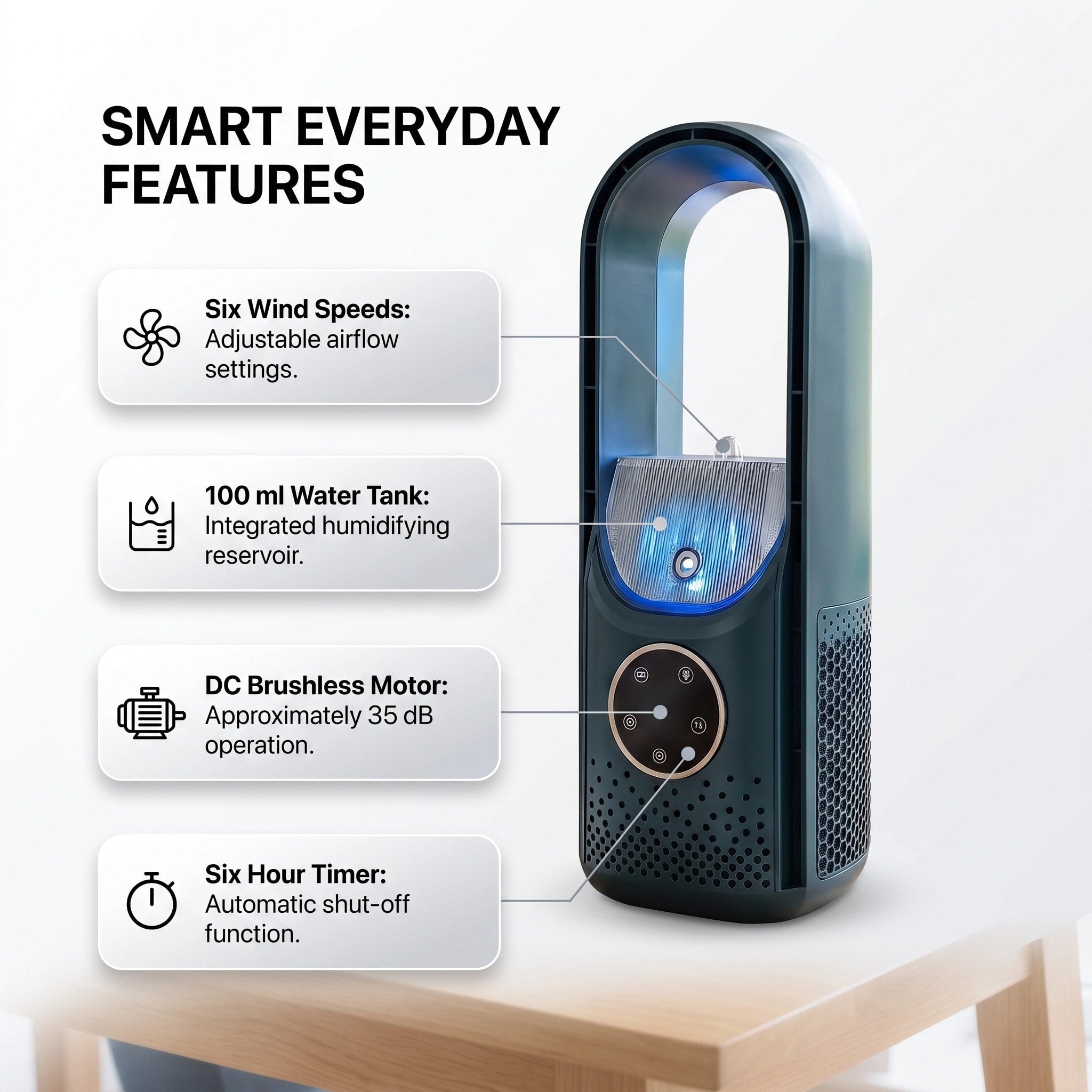 Portable Air Cooling Fan with Humidifier, 6 Speeds and Touch Display for Home