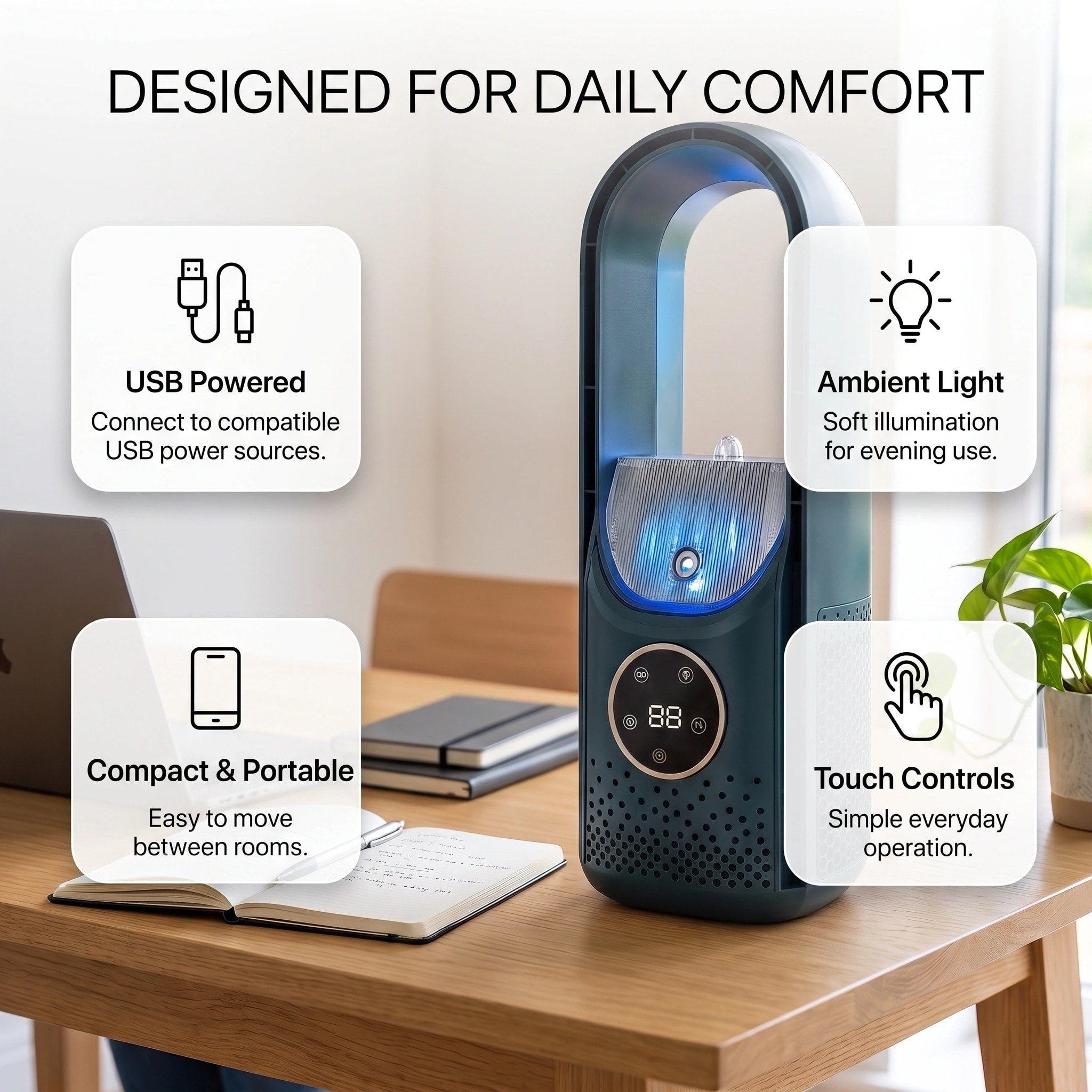 Portable Air Cooling Fan with Humidifier, 6 Speeds and Touch Display for Home