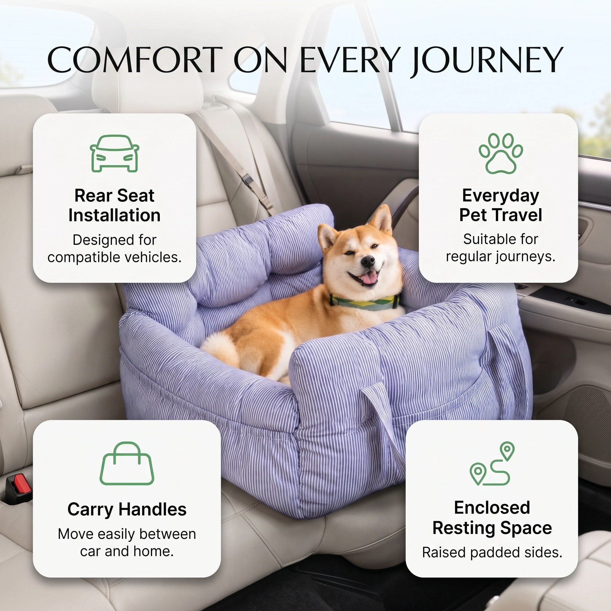 Portable Pet Car Seat Bed with Safety Leash and Carry Handles