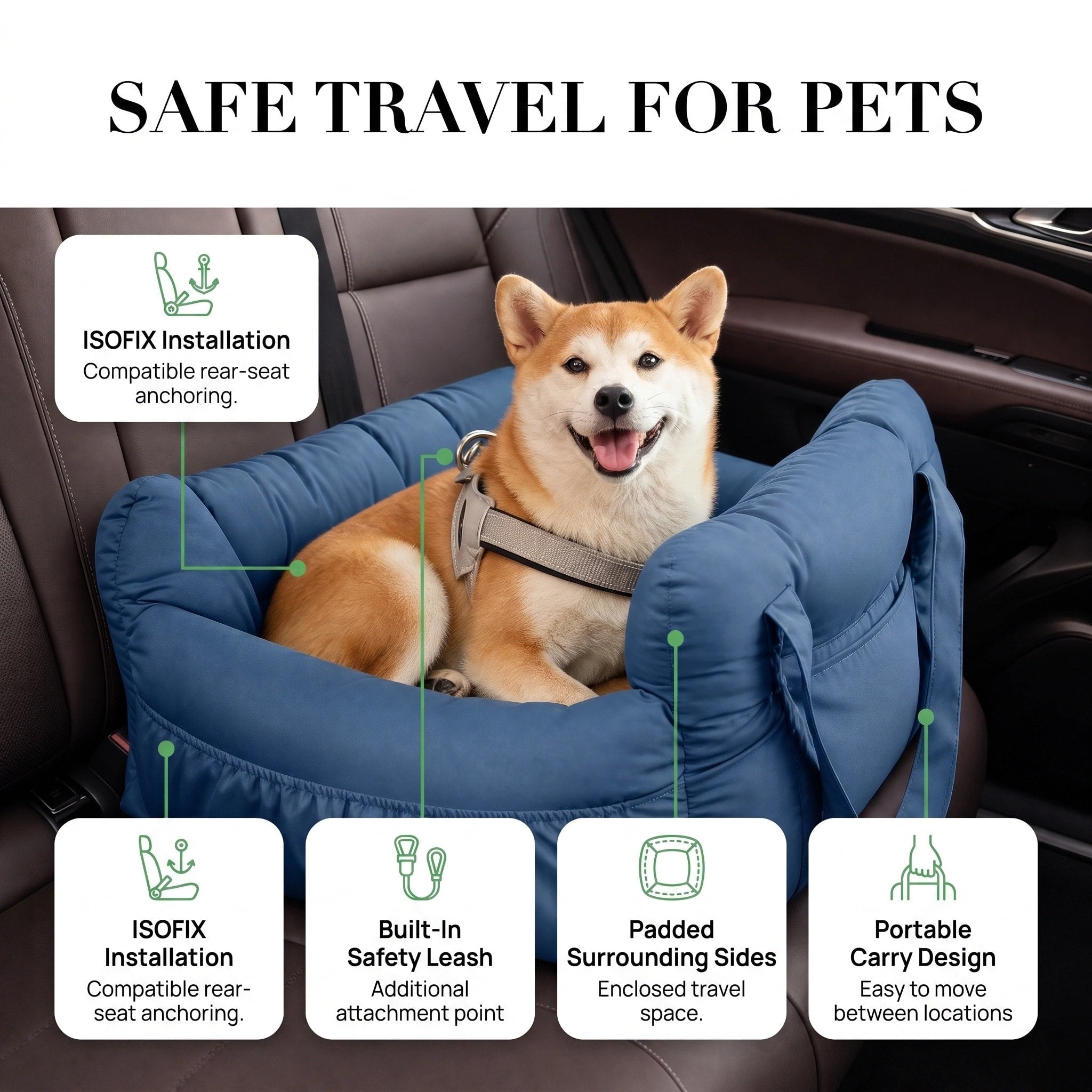 Portable Pet Car Seat Bed with Safety Leash and Carry Handles
