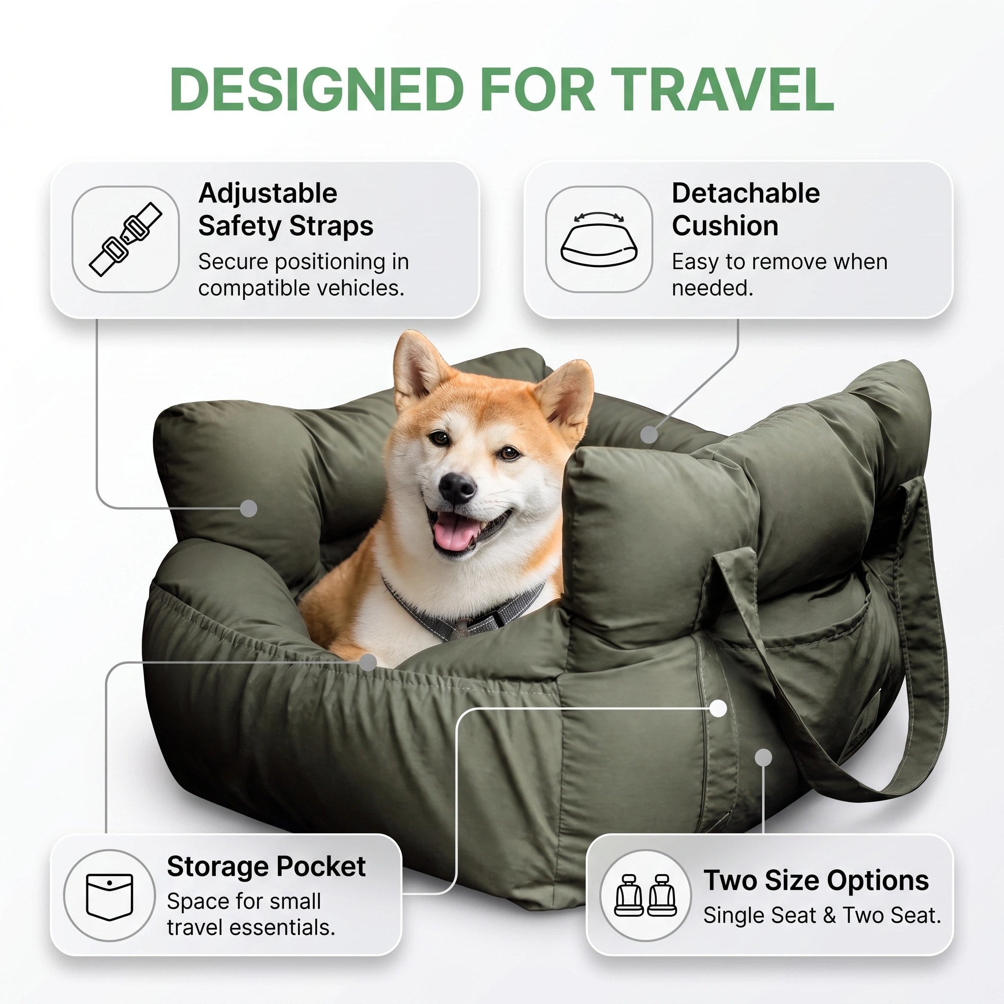 Portable Pet Car Seat Bed with Safety Leash and Carry Handles