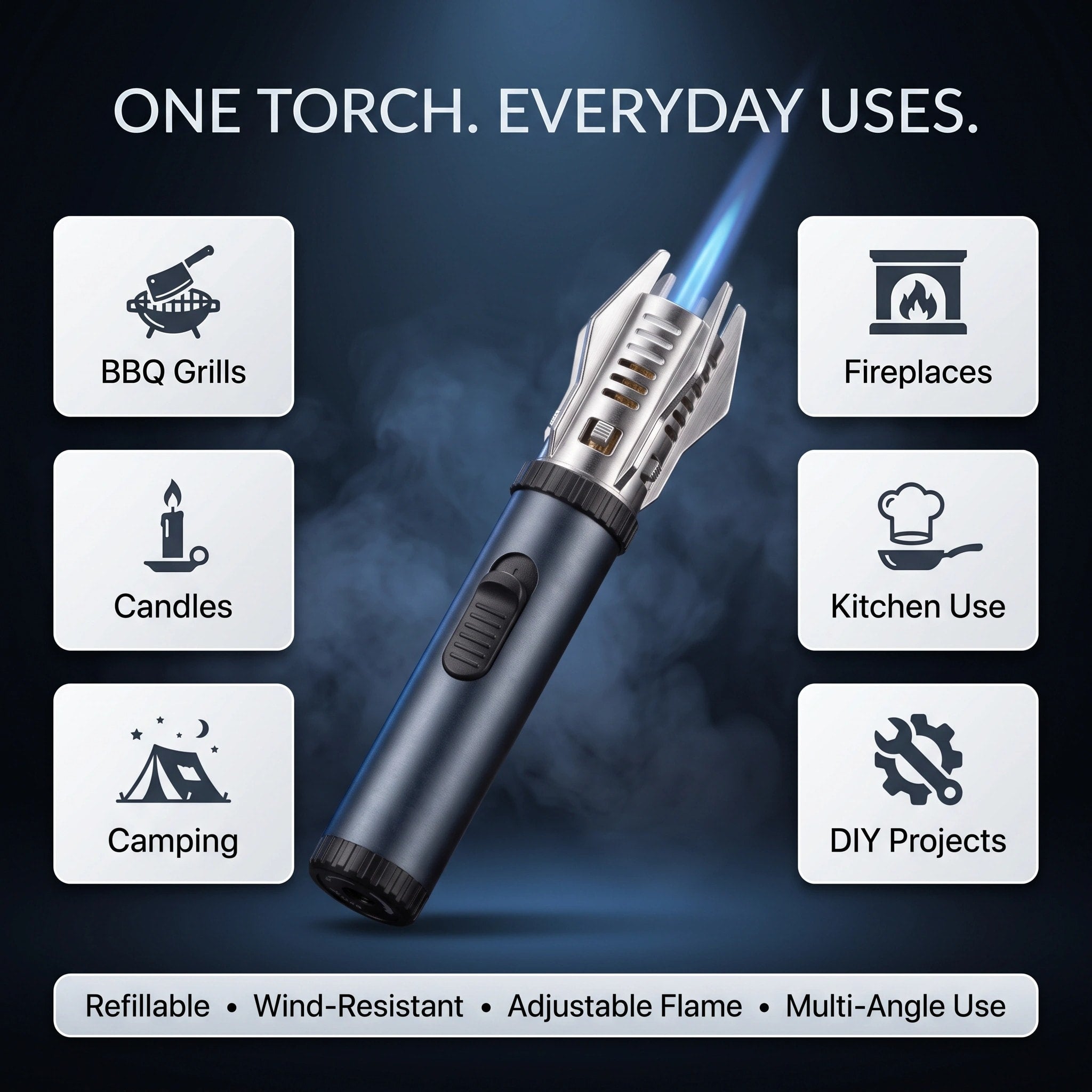 Briquet torche au butane rechargeable avec allumage à 360° et flamme réglable