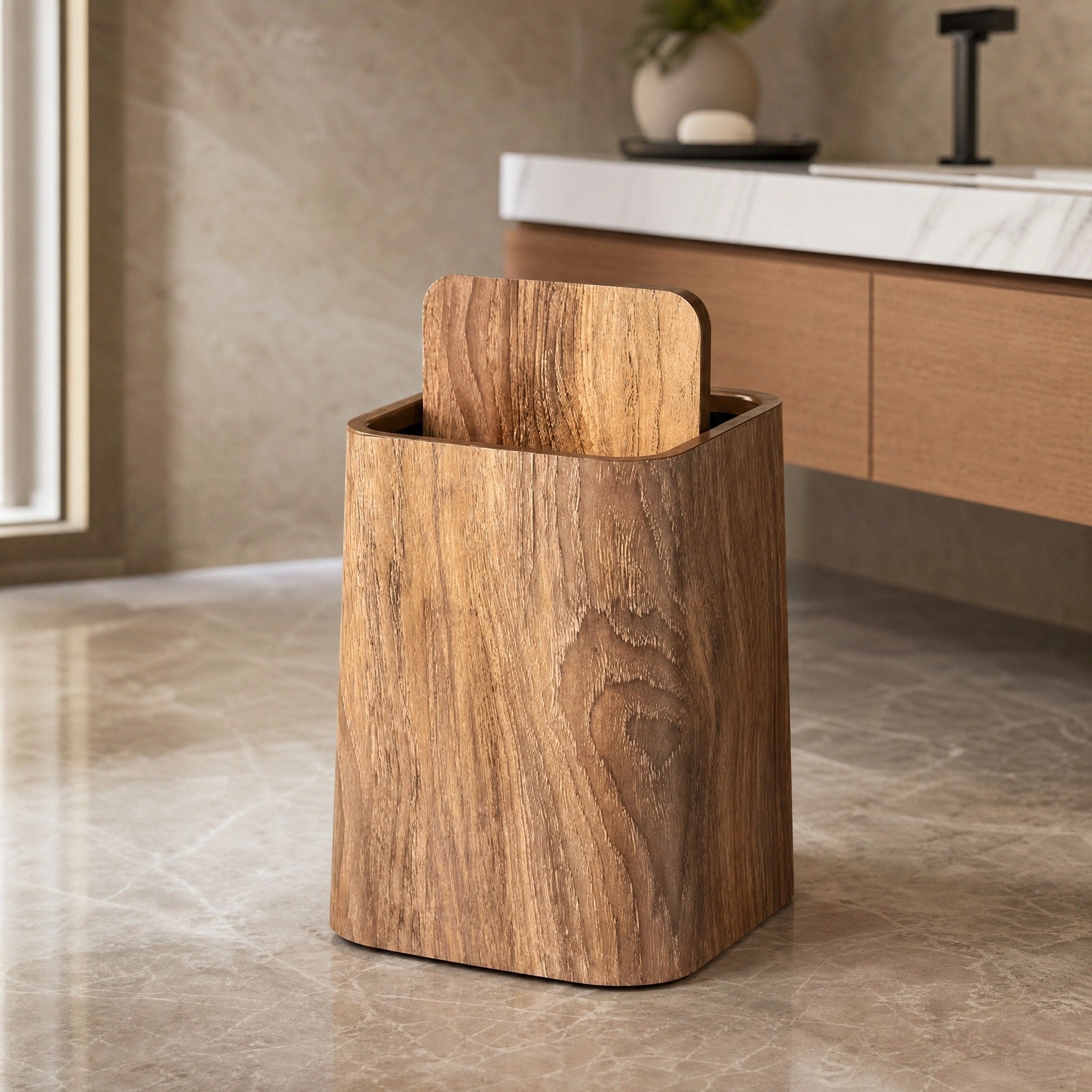 Slim Marble Effect Waste Bin with Swivel Lid for Bathroom and Home Office