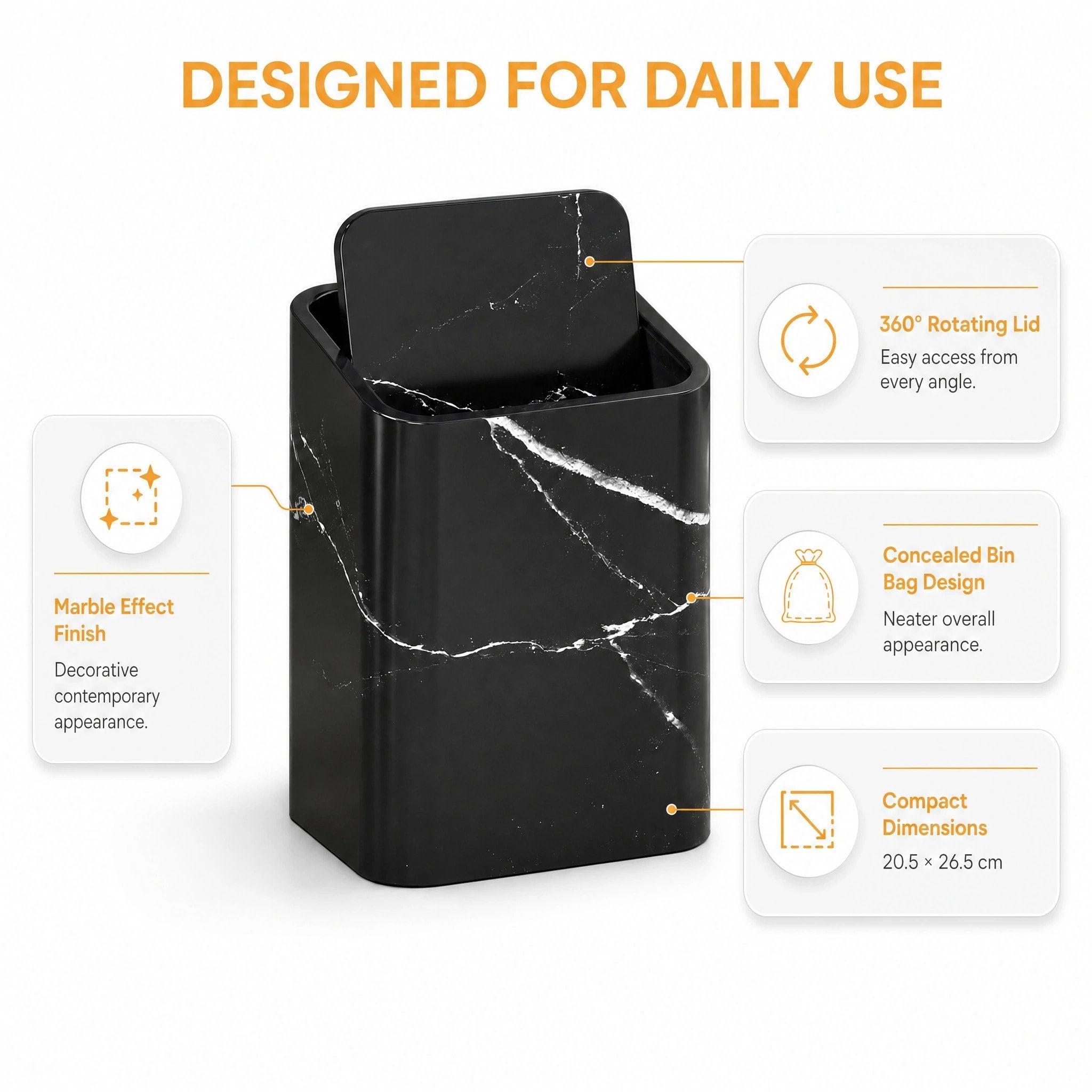 Slim Marble Effect Waste Bin with Swivel Lid for Bathroom and Home Office