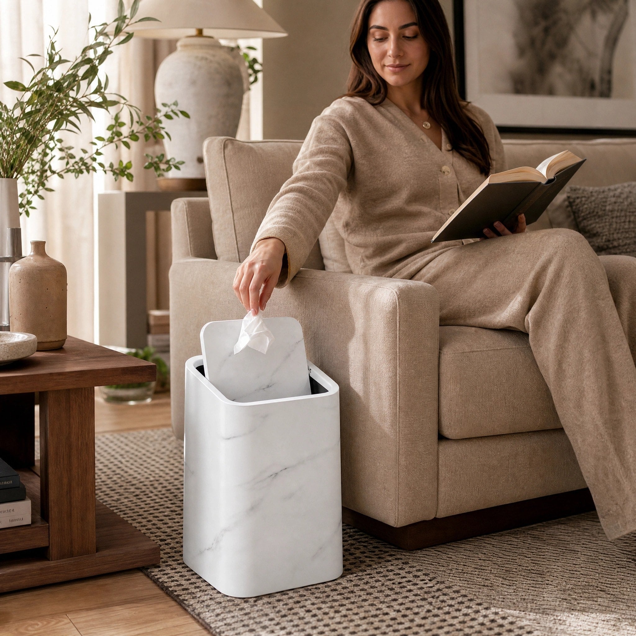 Slim Marble Effect Waste Bin with Swivel Lid for Bathroom and Home Office