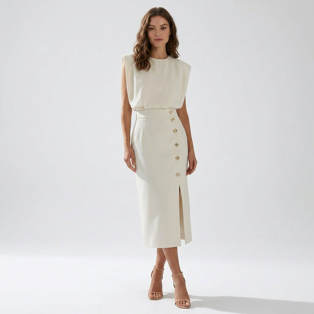 Sophia | Vestido midi elegante y entallado para mujer, sin mangas con detalle de botones laterales