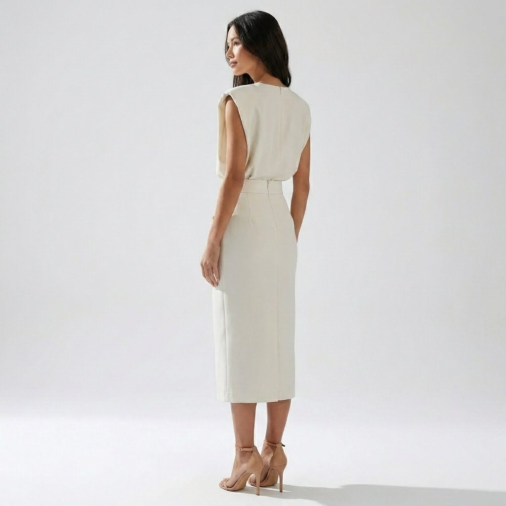 Sophia | Vestido midi elegante y entallado para mujer, sin mangas con detalle de botones laterales
