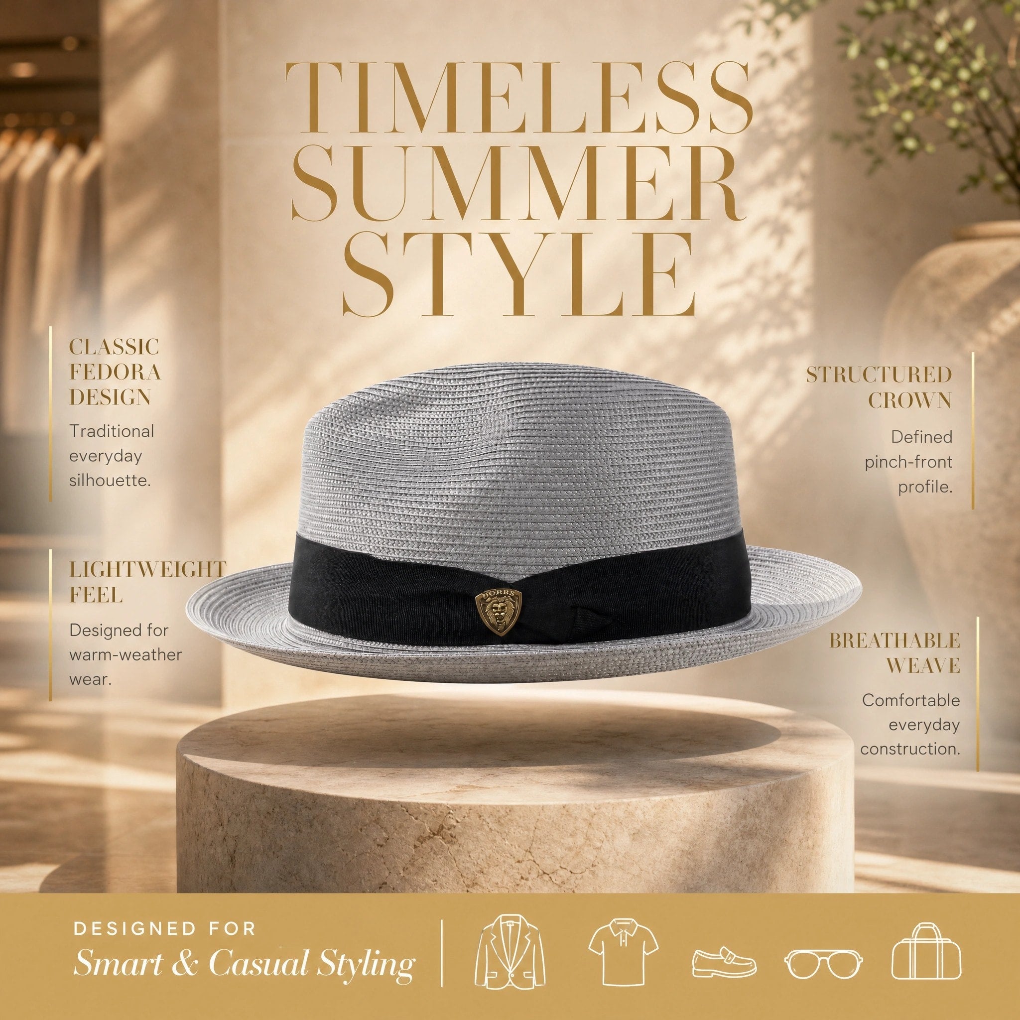 Summer Straw Fedora Hat with Centre Dent Crown and Wide Grosgrain Band