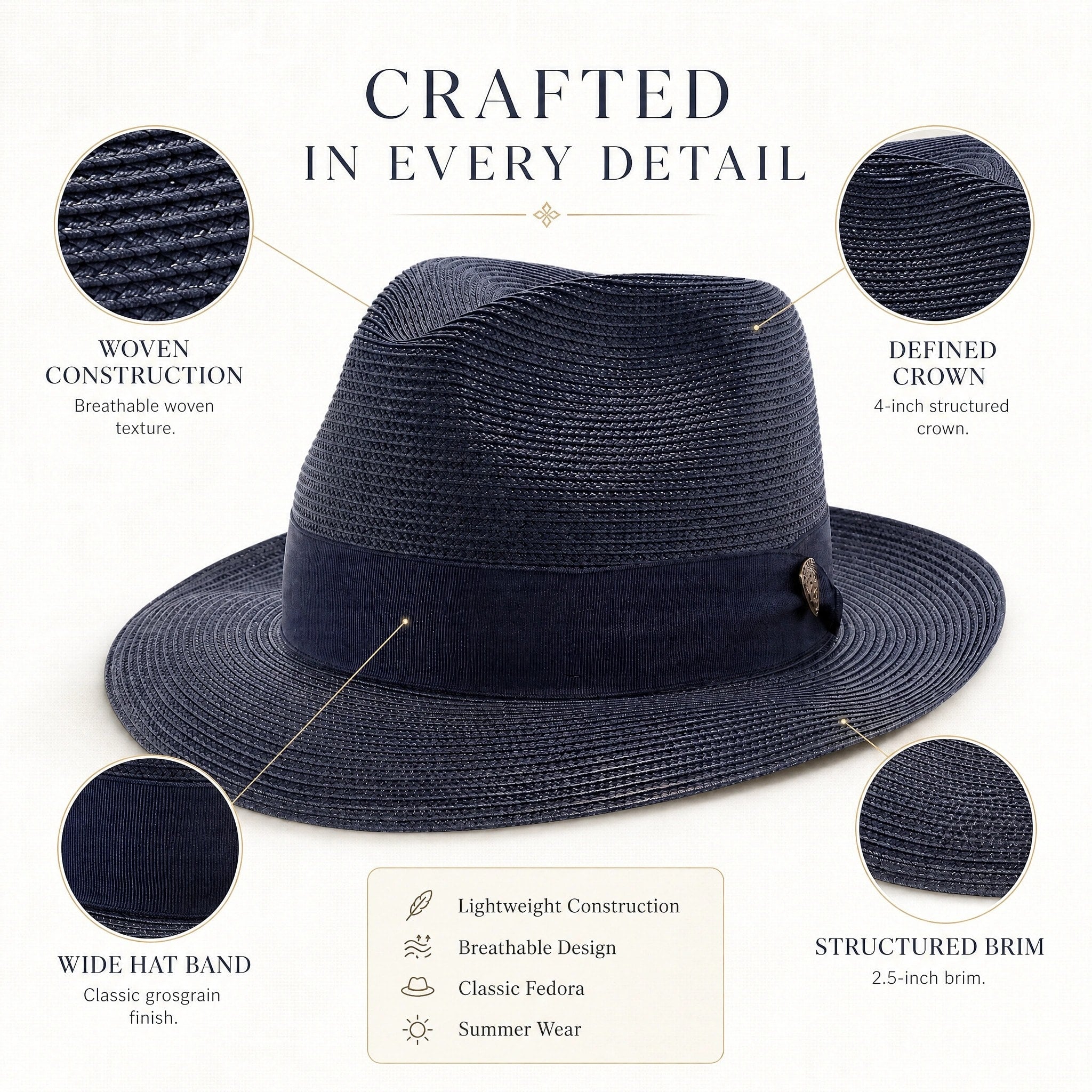Summer Straw Fedora Hat with Centre Dent Crown and Wide Grosgrain Band