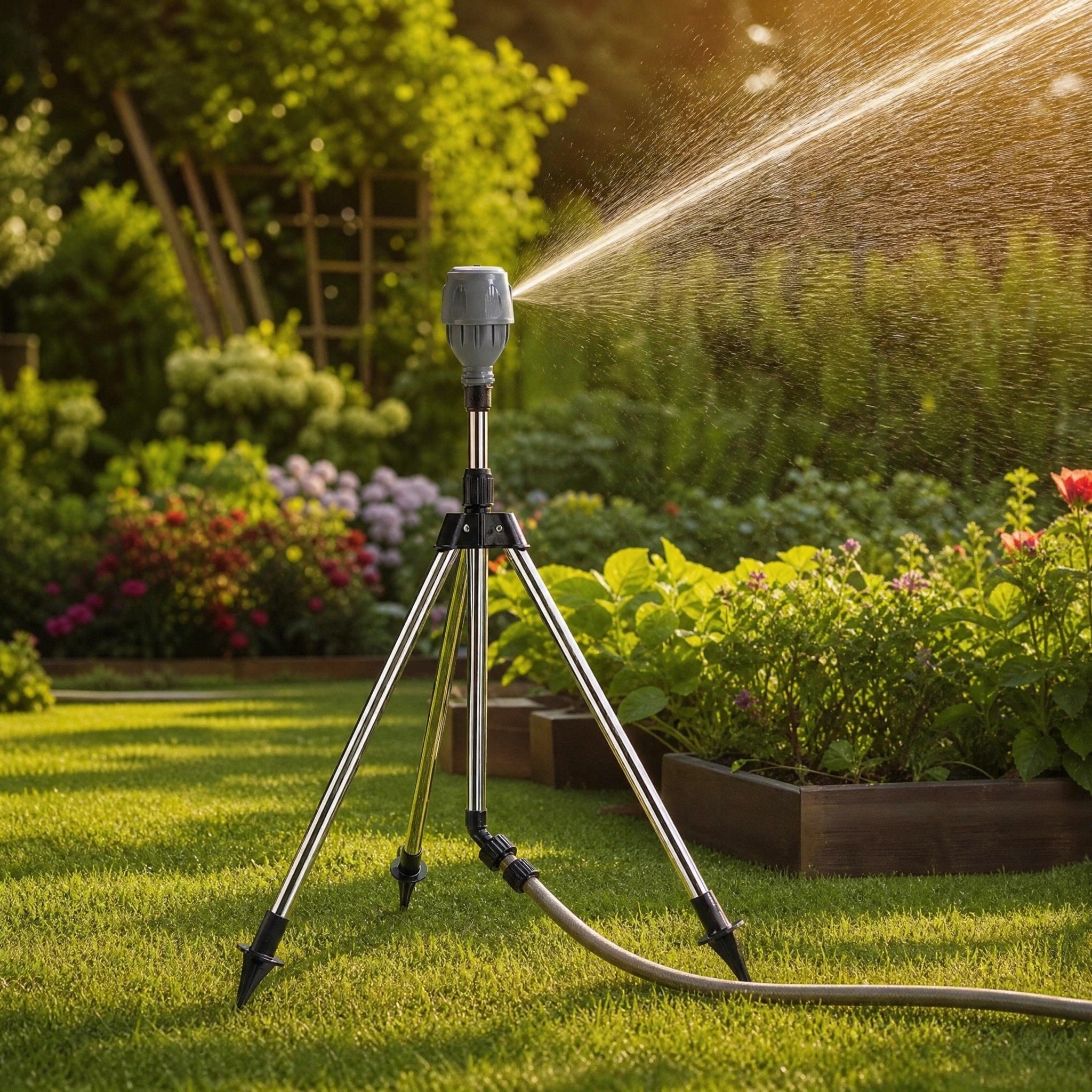 Tripod Lawn Sprinkler with Height Adjustable Rotating Spray Nozzle