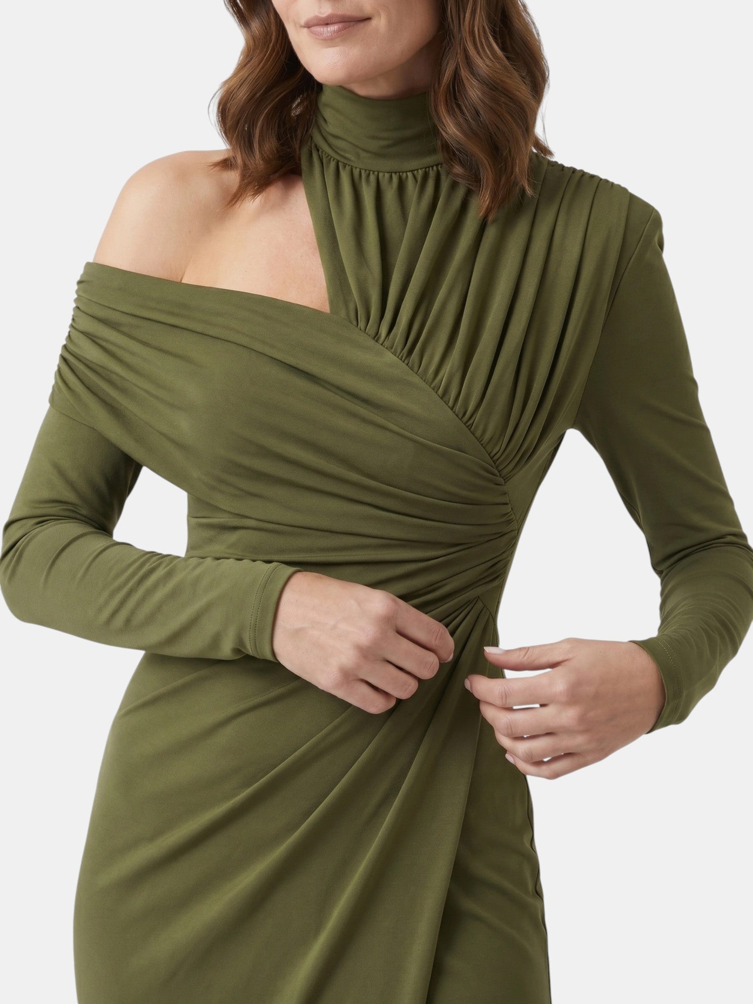 Vestido midi asimétrico de tela para mujer | Diseño estructurado con drapeado