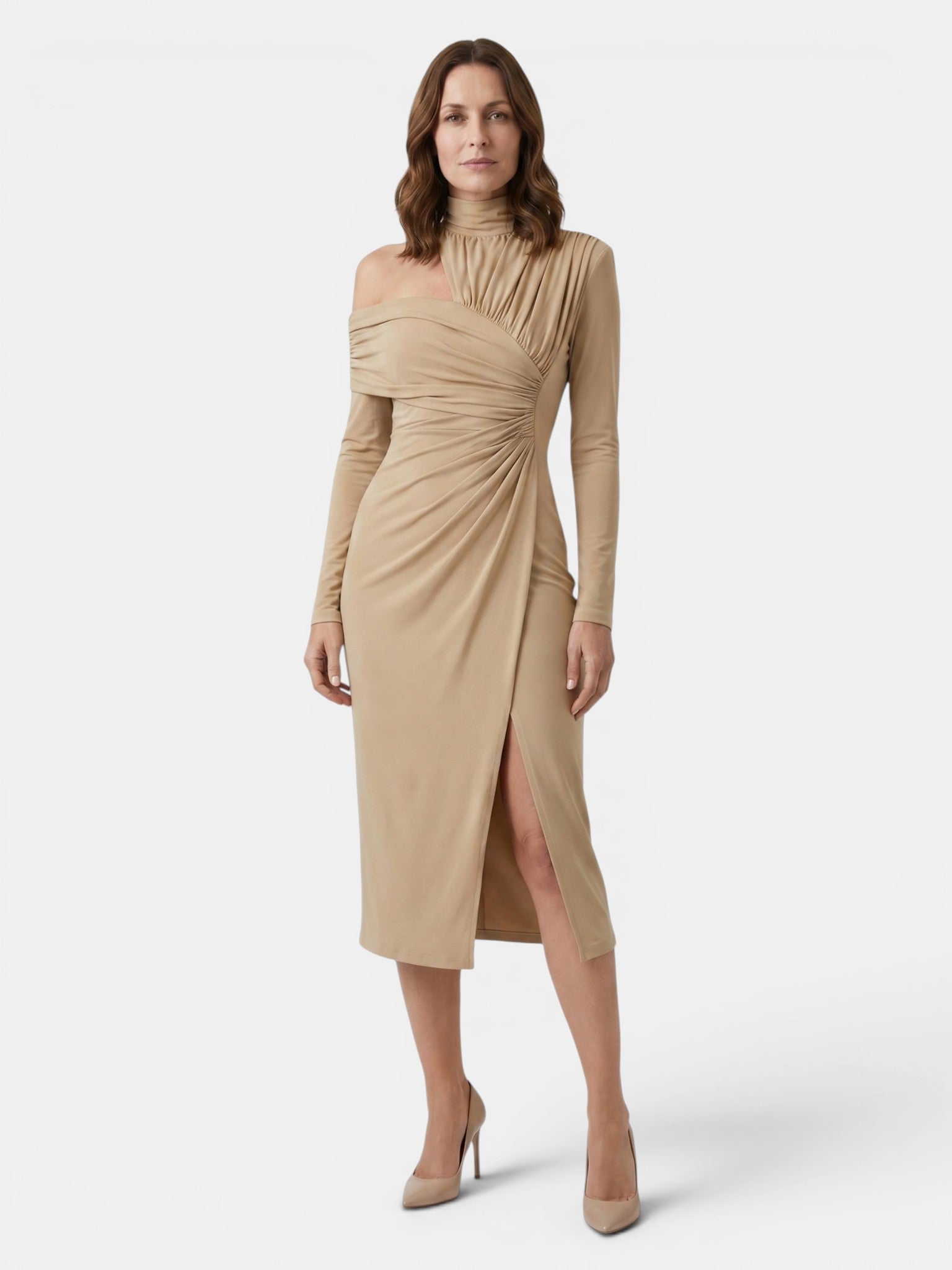 Vestido midi asimétrico de tela para mujer | Diseño estructurado con drapeado