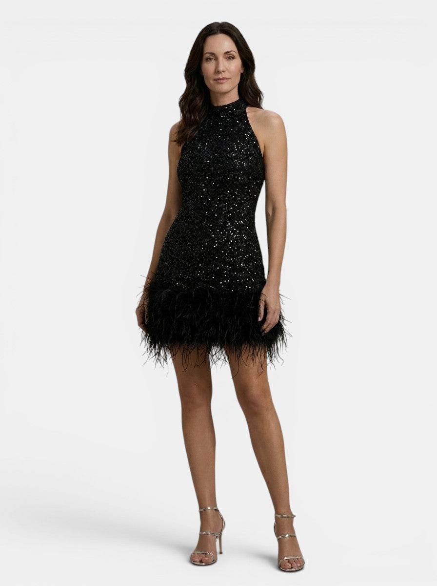 Womens Beaded Mini Dress | Elegant White Halter Evening Wear with Feather Trim 4