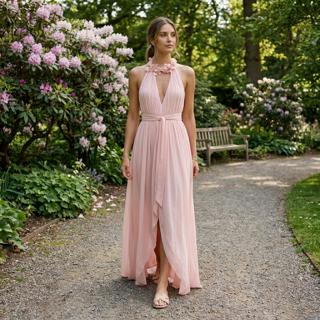 Vestido maxi de gasa para mujer | Elegante vestido de verano plisado con diseño de cuello halter