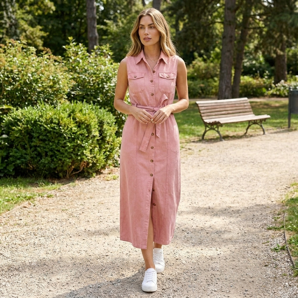 Vestido maxi de mezclilla para mujer | Vestido de verano sin mangas y con estilo, con abertura frontal