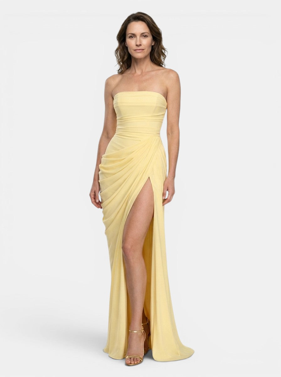 Vestido maxi de tela drapeada para mujer | Vestido de noche estructurado sin tirantes