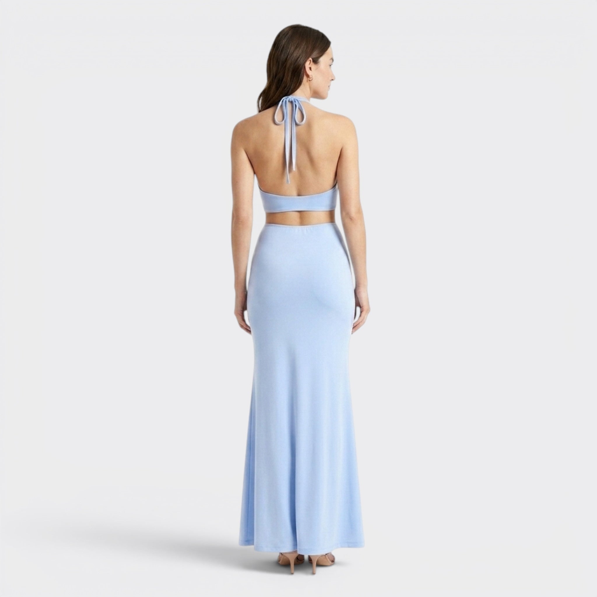 Abito lungo da donna con scollo all'americana drappeggiato | Elegante abito estivo senza schienale