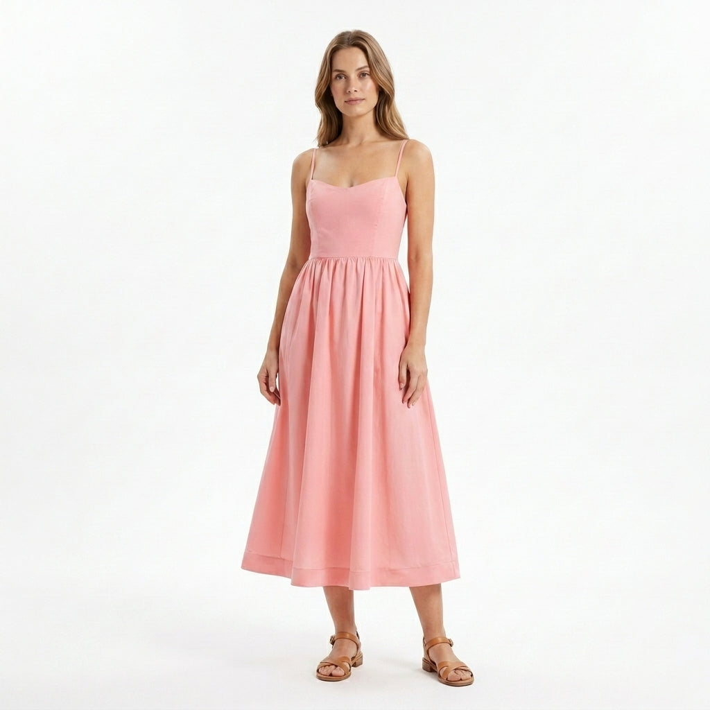 Abito midi elegante a linea A da donna | Corpino strutturato con spalline sottili