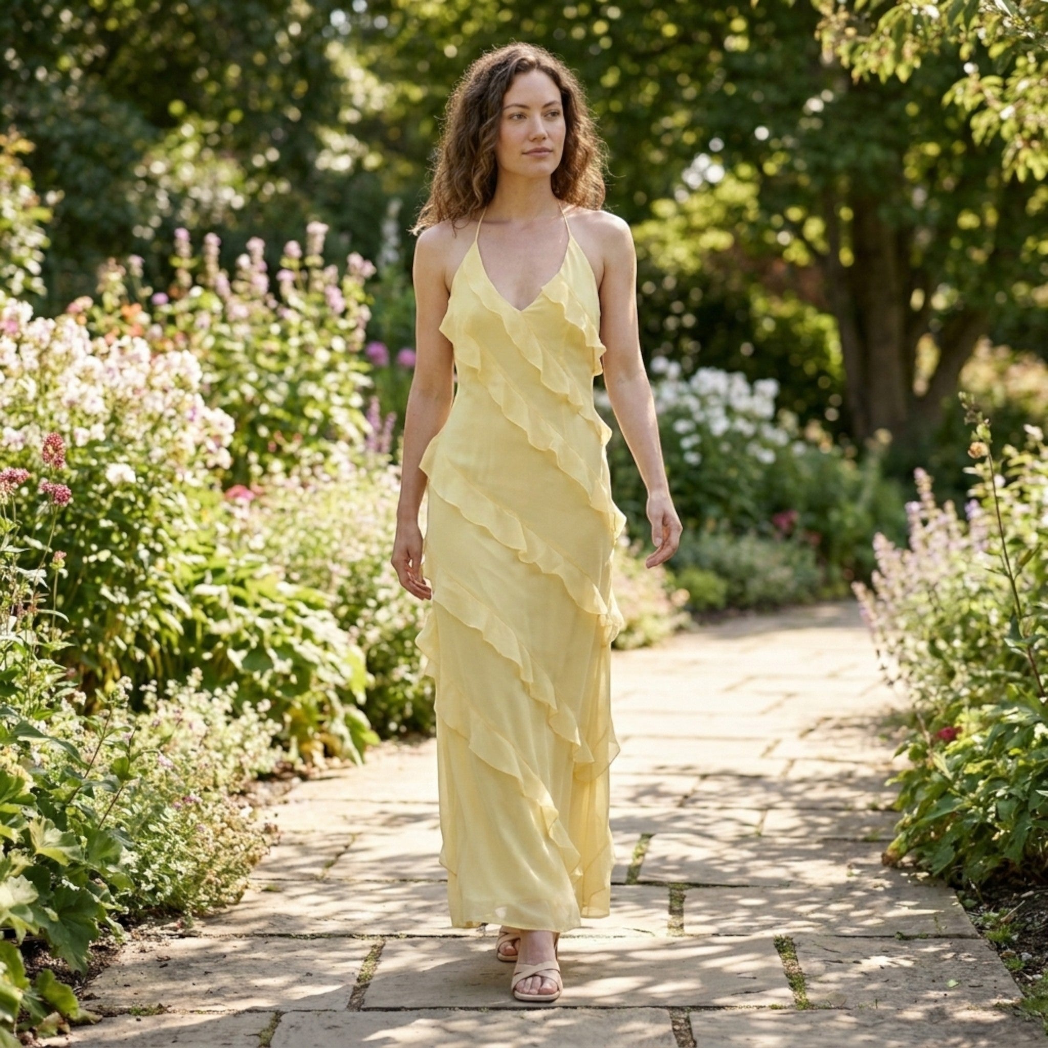 Womens Elegant Chiffon Maxi Dress | Halter Neck Tiered Ruffle Summer Gown 1