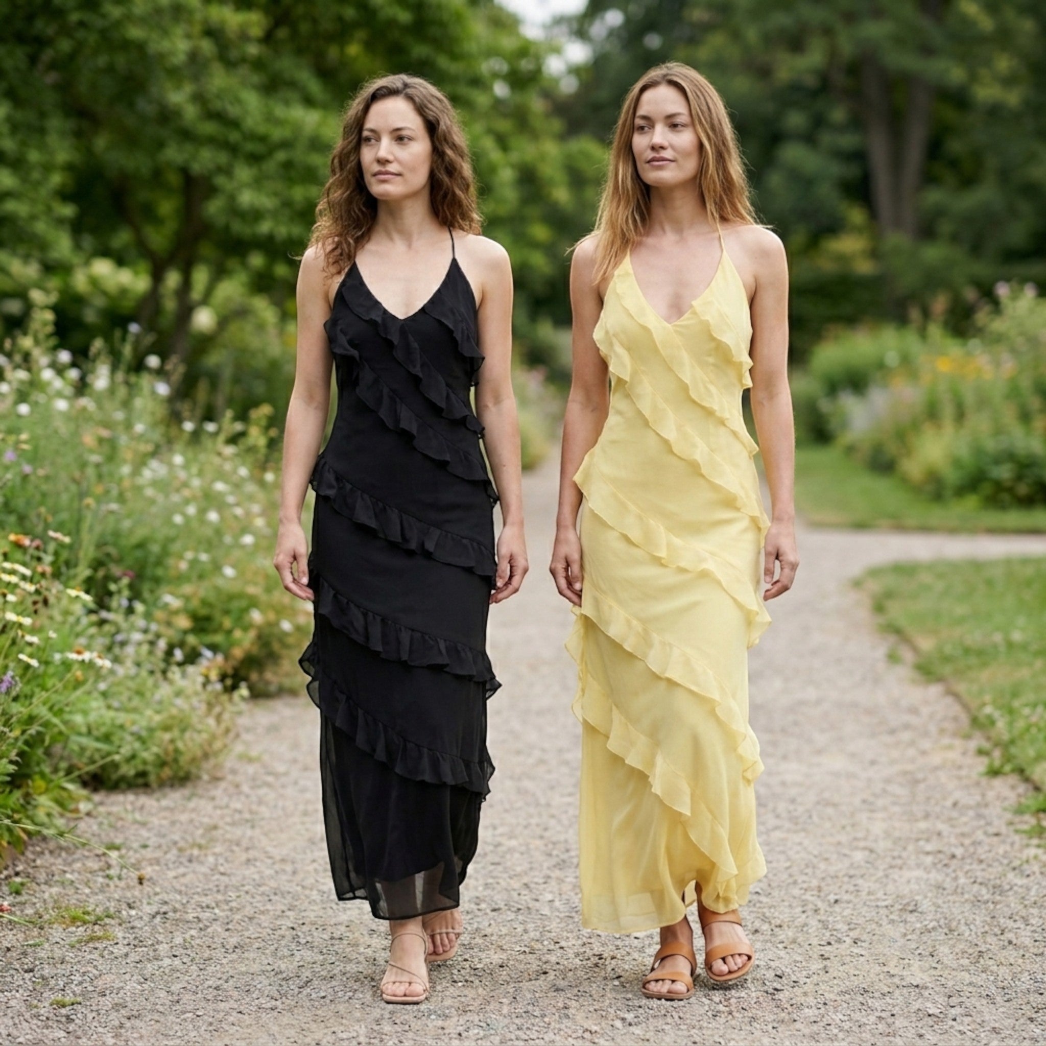 Womens Elegant Chiffon Maxi Dress | Halter Neck Tiered Ruffle Summer Gown 2