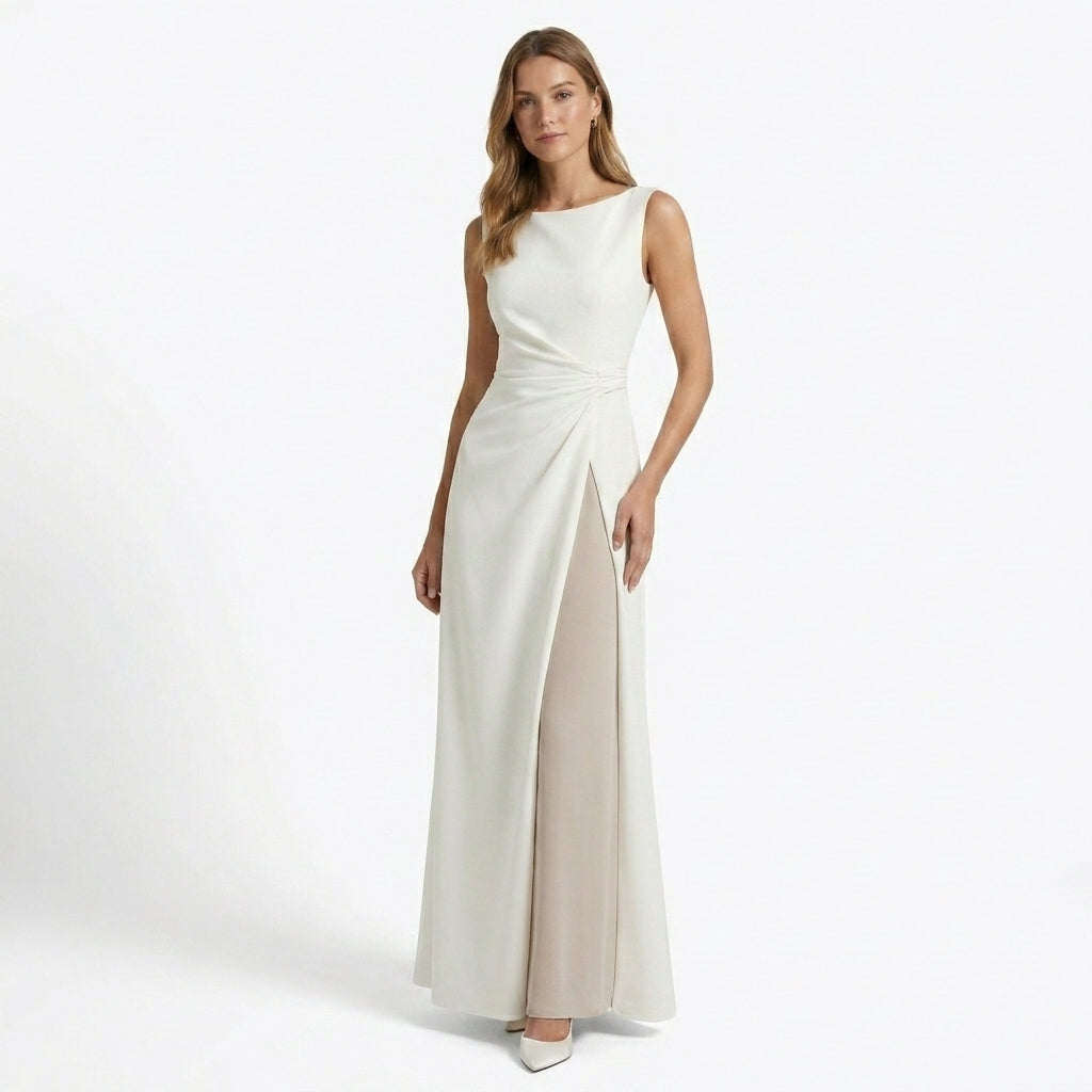 Women's Elegant Draped Maxi Dress | Sleeveless Boat Neck Formal Gown