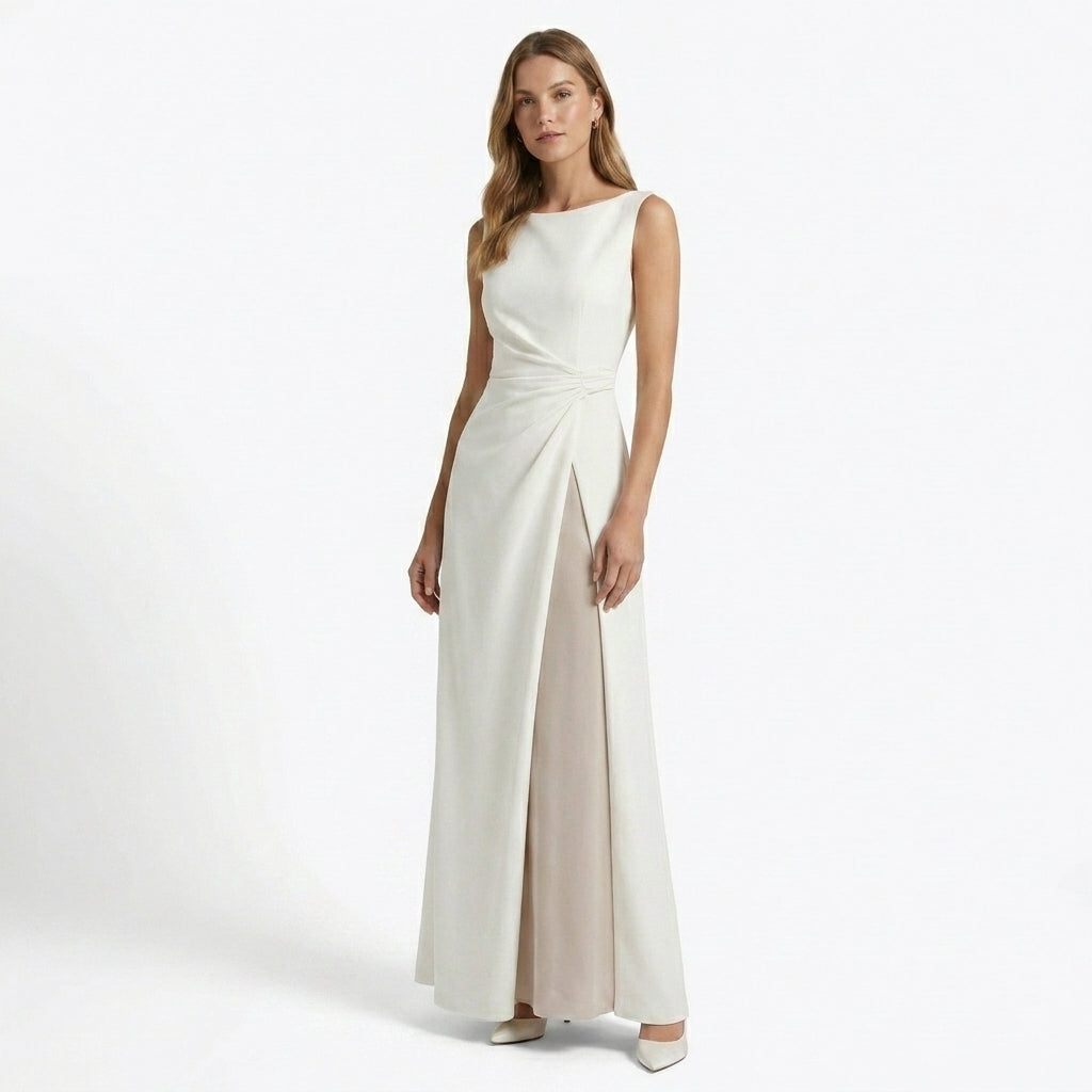 Women's Elegant Draped Maxi Dress | Sleeveless Boat Neck Formal Gown