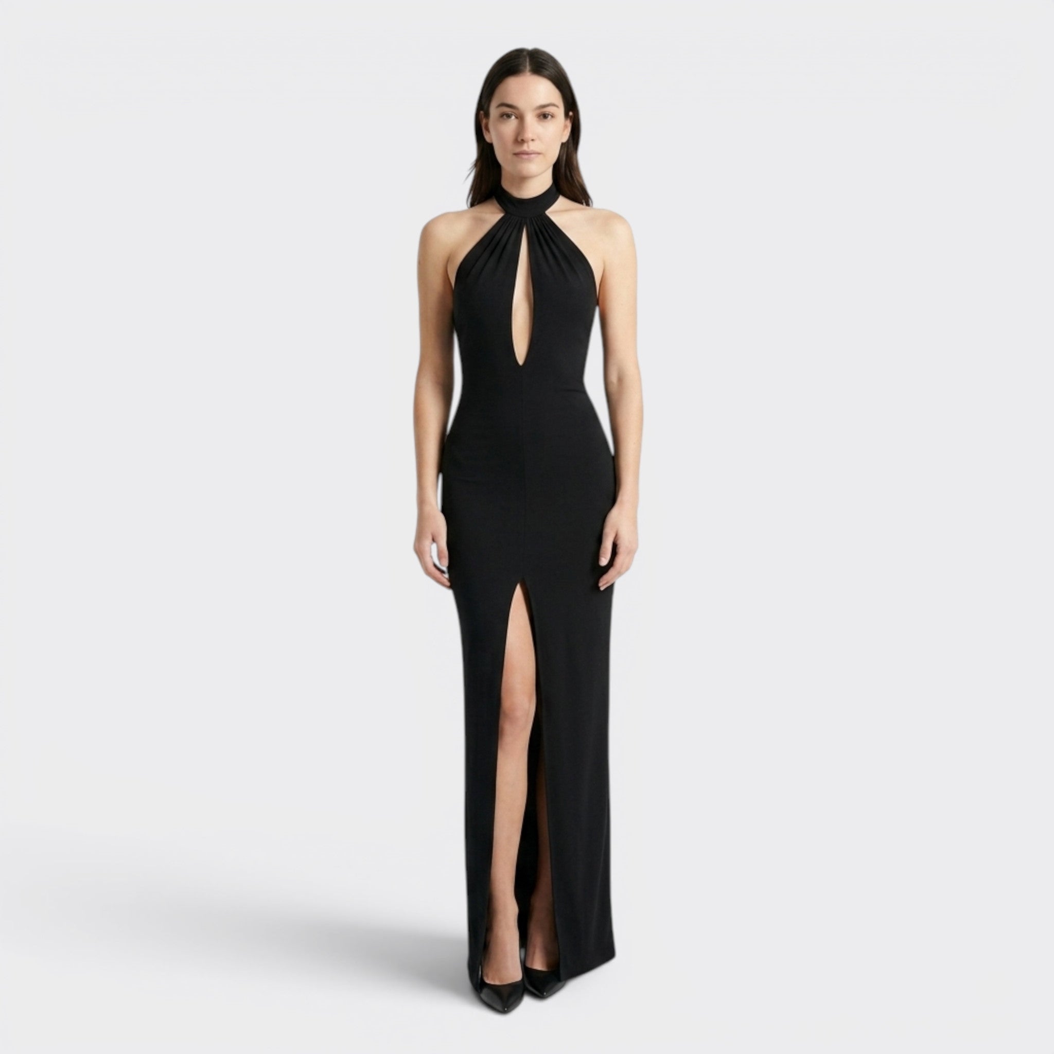 Abito lungo elegante da donna con collo all'americana | Vestito aderente formale senza schienale