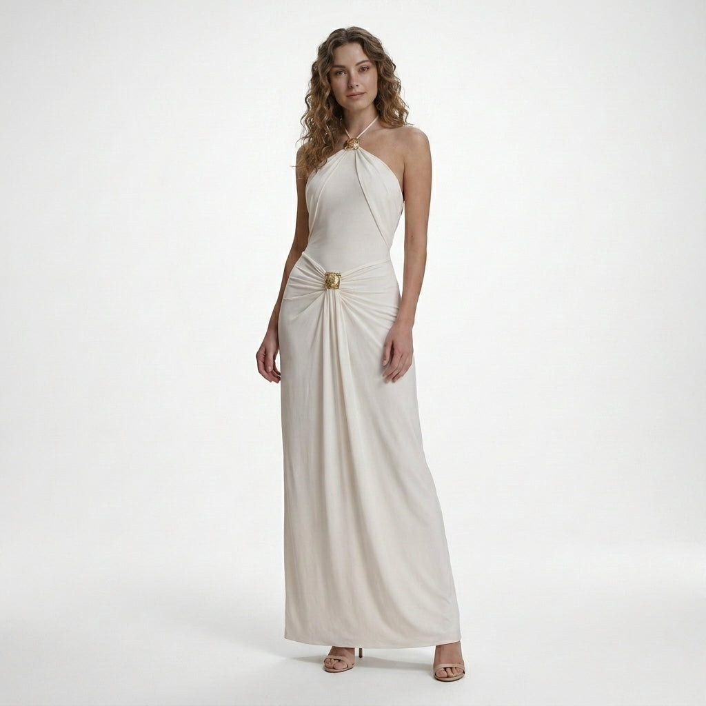 Womens Elegant Halter Neck Maxi Dress | Backless Summer Wedding Guest Gown 3